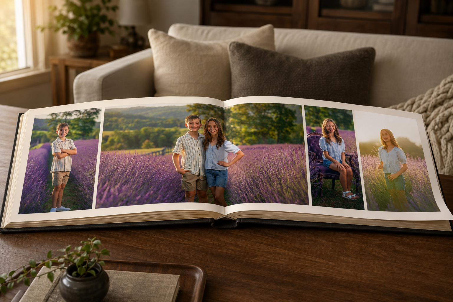 A panoramic family album open to a colorful outdoor portrait spread