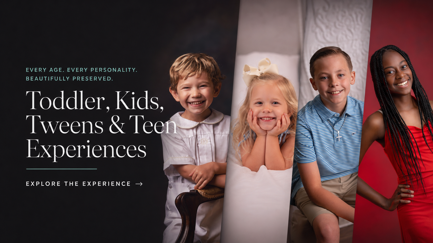 A promotional banner for toddler, kids, tweens, and teen experiences featuring four smiling children of diverse ethnicities, with text on the left and a layered background of children on the right.