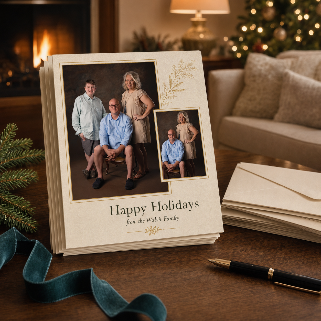 Elegant custom holiday greeting cards featuring a family portrait