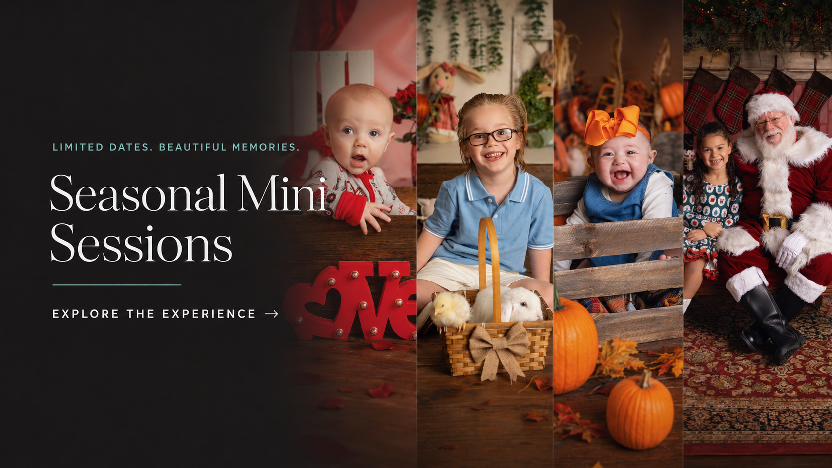 A promotional image for seasonal mini photo sessions featuring four children in holiday-themed settings, including pumpkins and festive decorations, with Santa Claus and Christmas cheer.