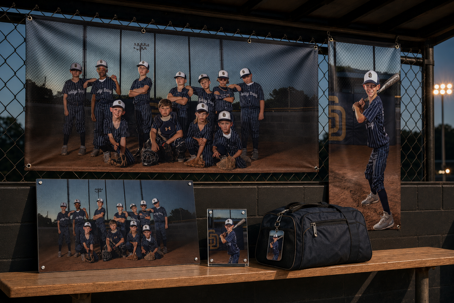 Youth baseball team banners and team-pride display products