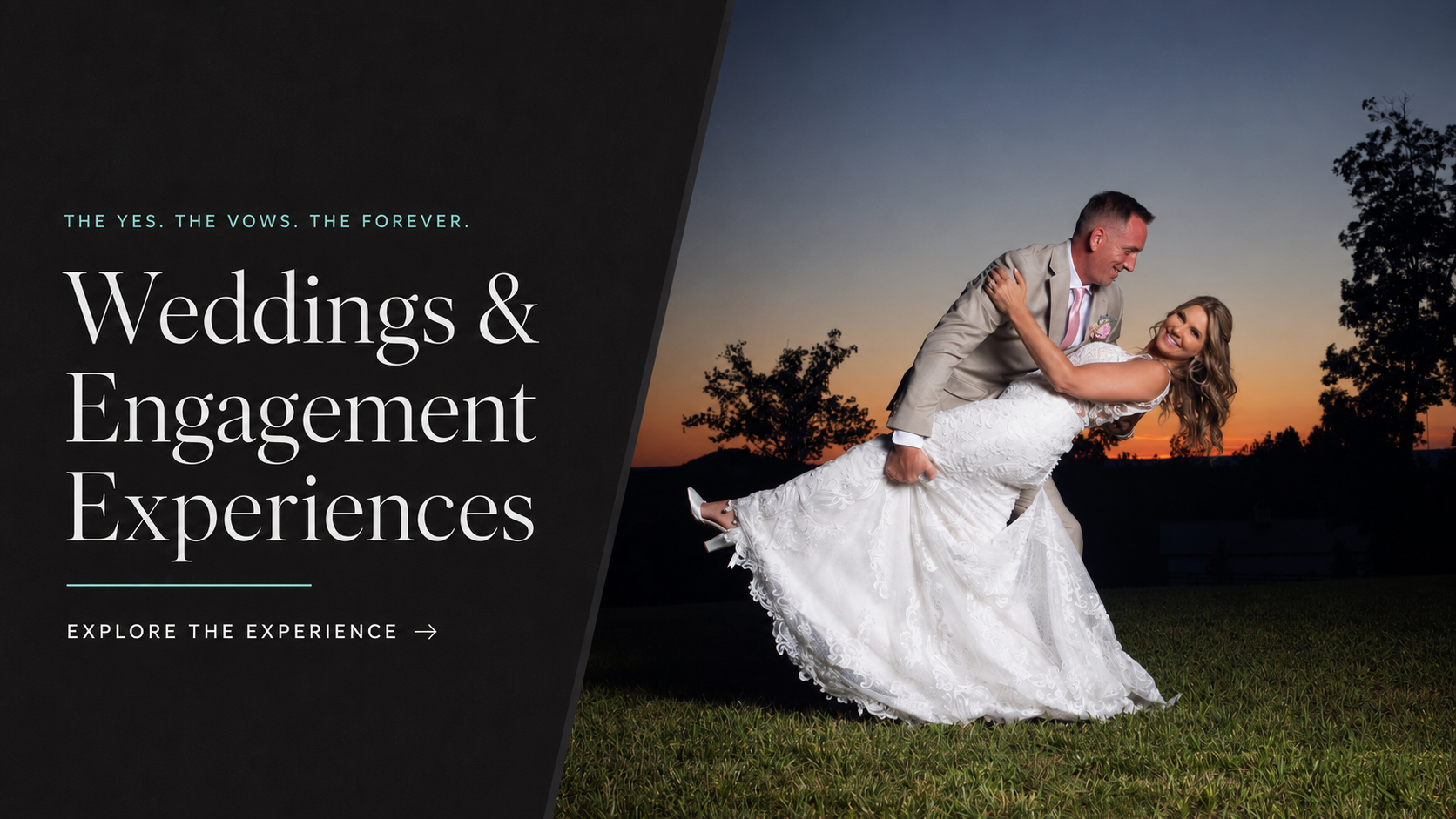 A bride and groom dancing outdoors at sunset, with the groom lifting the bride, both smiling; text overlay about wedding and engagement experiences.