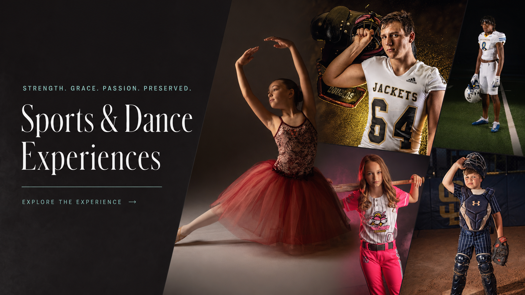 Promotional graphic for sports and dance experiences. Features young girl in ballet pose, football player, softball player, and young baseball catcher, with text about strength, grace, passion, and preserved experiences.