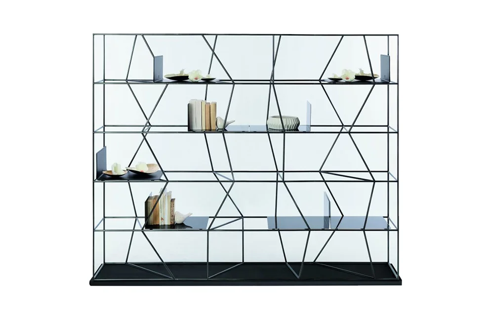 large, geometric, glass and metal book case