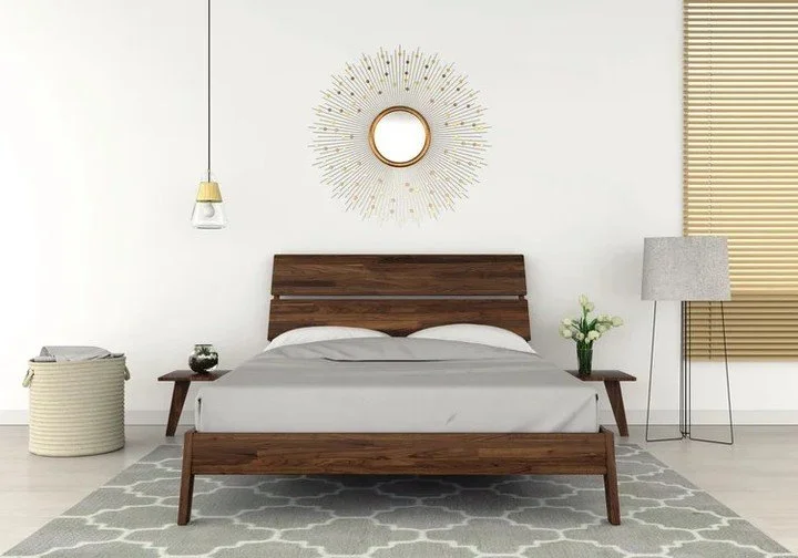 This Copeland bed frame showcases a contemporary style defined by clean, modern angles, offering a refined, low-profile silhouette that makes a striking centerpiece for any bedroom. Designed for a mattress only, no box spring is necessary, allowing f