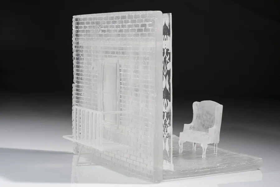 “The Apartment” 2012, cast glass, lampworked glass, sandblast, carved, assembled 12” x 12” x 12”, Photographer: Elizabeth Torgerson-Lamark