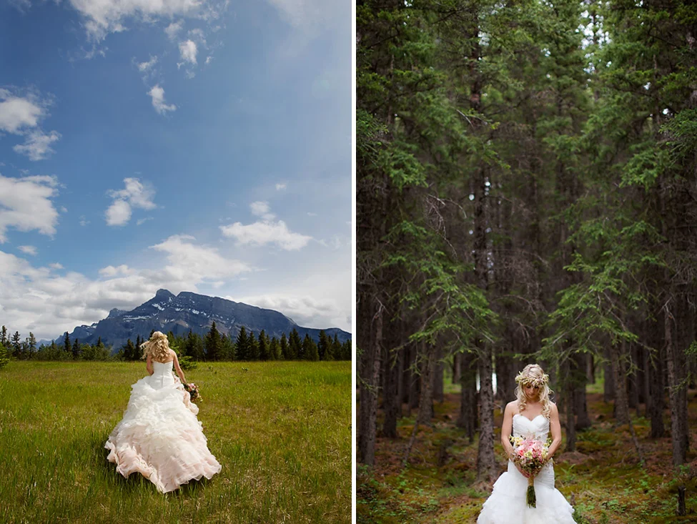 Side-by-side photos of a bride outdoors; left: walking in a grassy field with mountain scenery and blue sky, wearing a white wedding dress, holding a bouquet; right: standing in a forest with tall trees, under a canopy of green, wearing the same dres