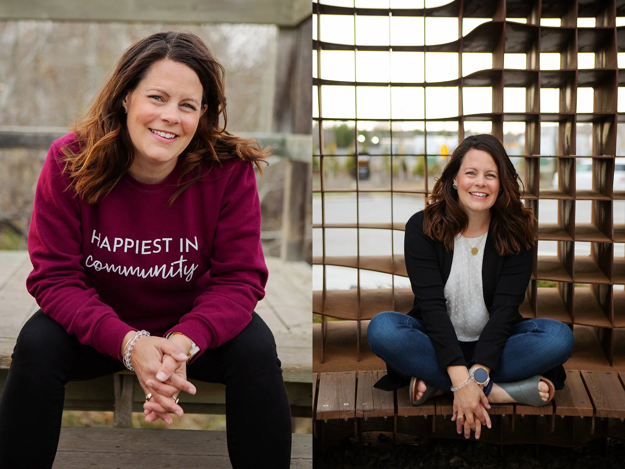 Two women with brown hair smiling, one on the left wearing a maroon sweatshirt and black pants, and one on the right sitting cross-legged in front of a grid-like wooden structure wearing a black jacket and blue jeans.