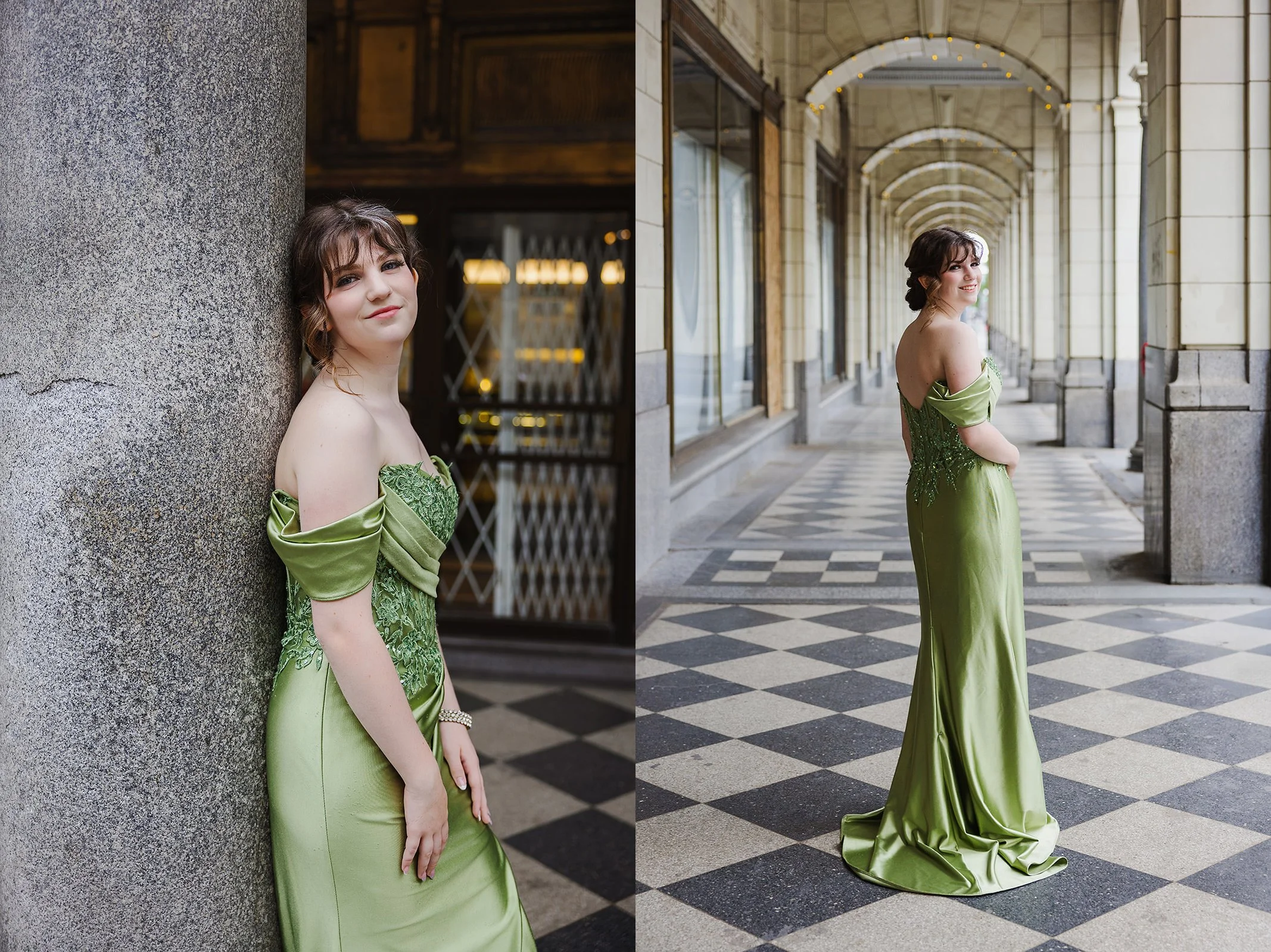 Calgary Graduate celebrating on Stephen Avenue by posing in the Hudson Bay Arches