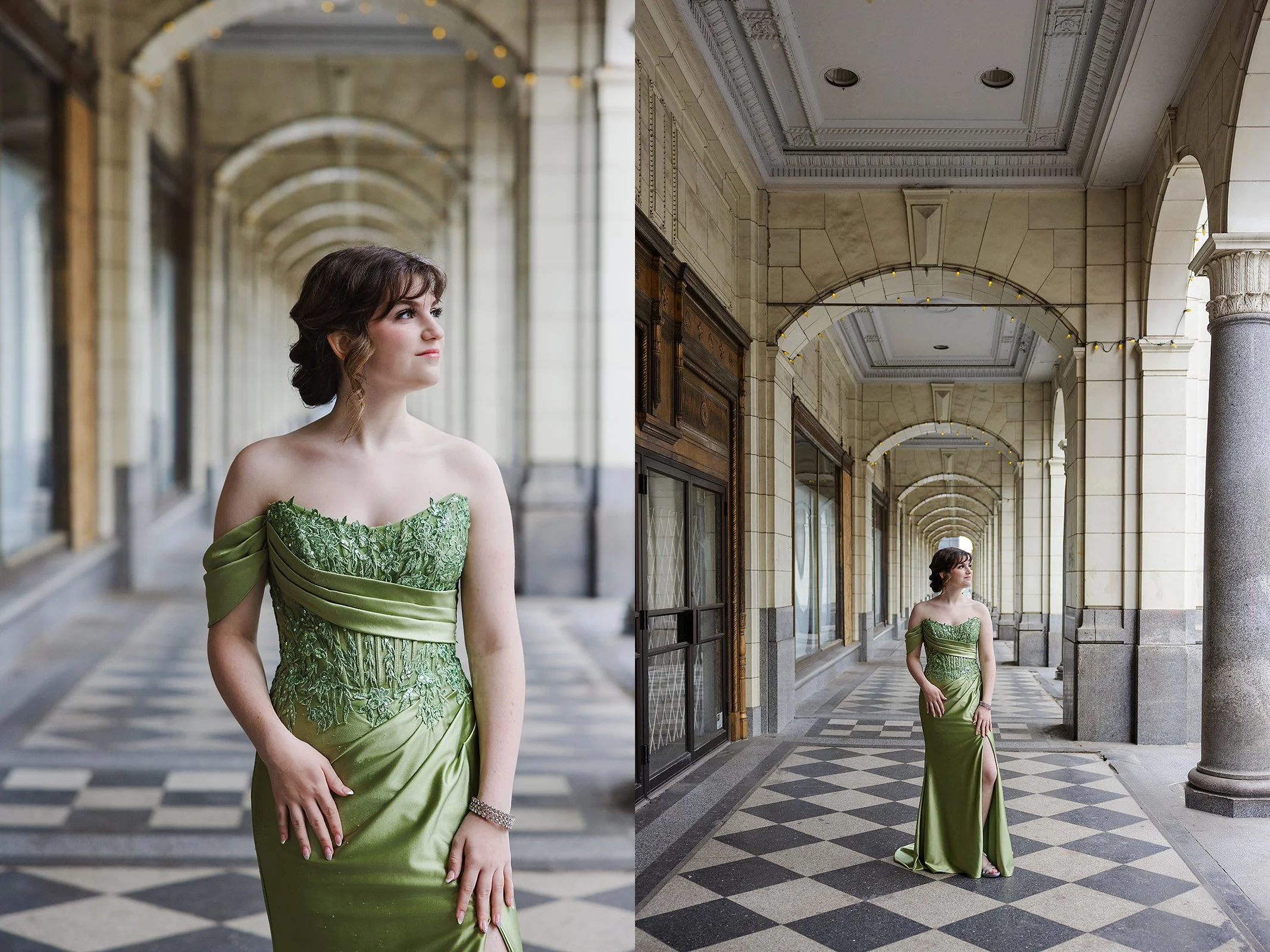 Calgary graduate in a gorgeous green dress photographed in the Hudson Bay arches in downtown Calgary