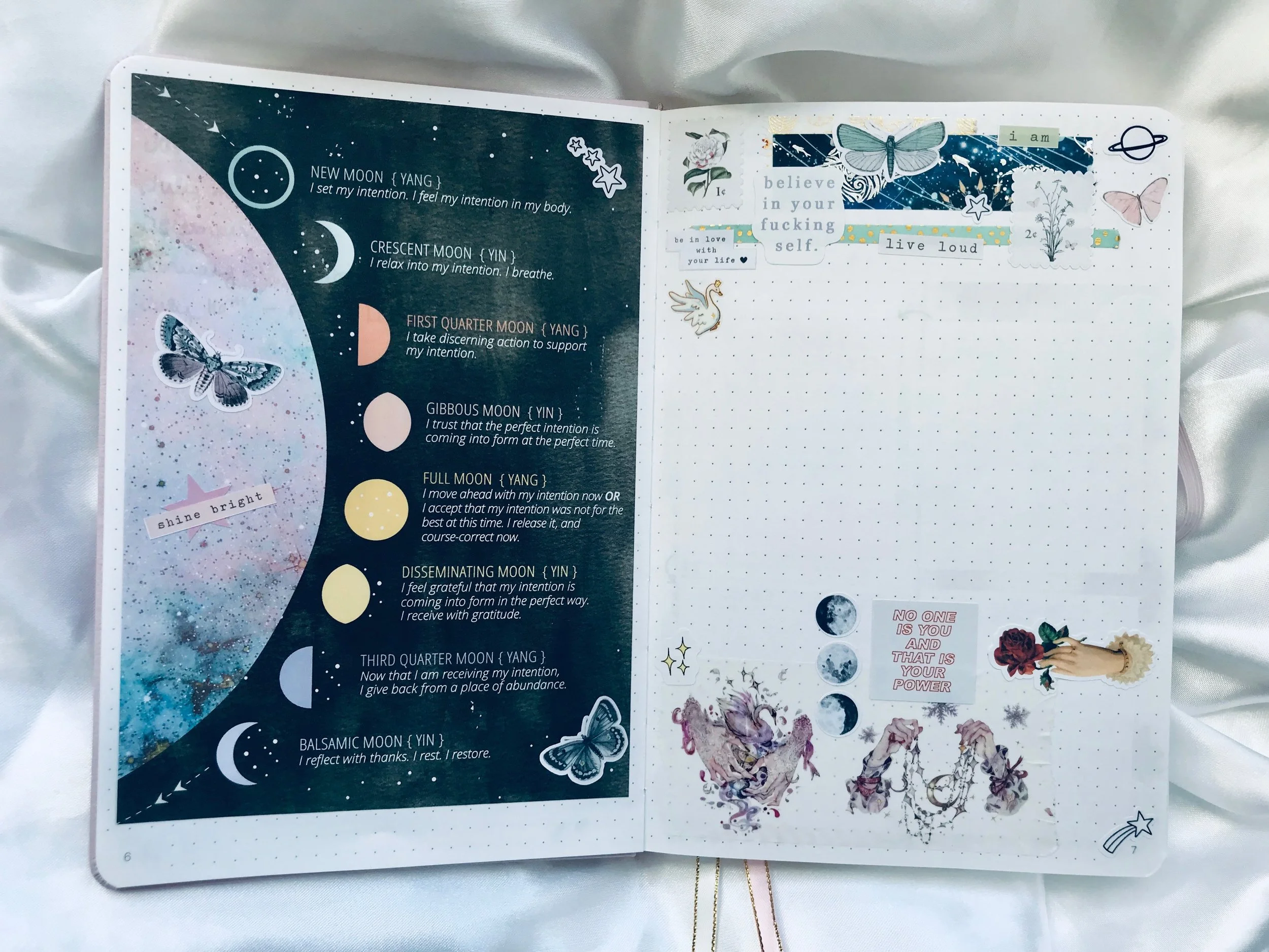 I’ve been reading Lunar Abundance by @ ezziespencer and was so excited to find this moon cycle printable on her website! It was perfect for my bullet journal. I layered some stickers over top of it to make it feel more like an art journal page. Stickers used in this spread are by @ aerialovely , @dirtyworkdesigns , and my shop .