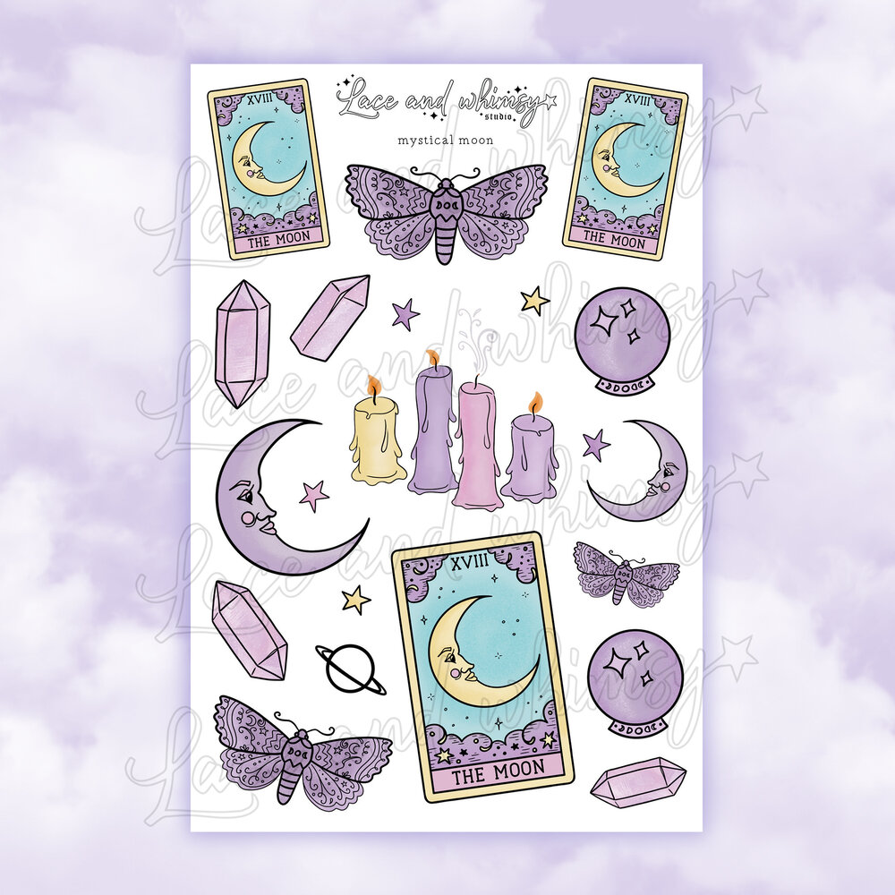 mystical moon purple printable sticker sheet lace whimsy
