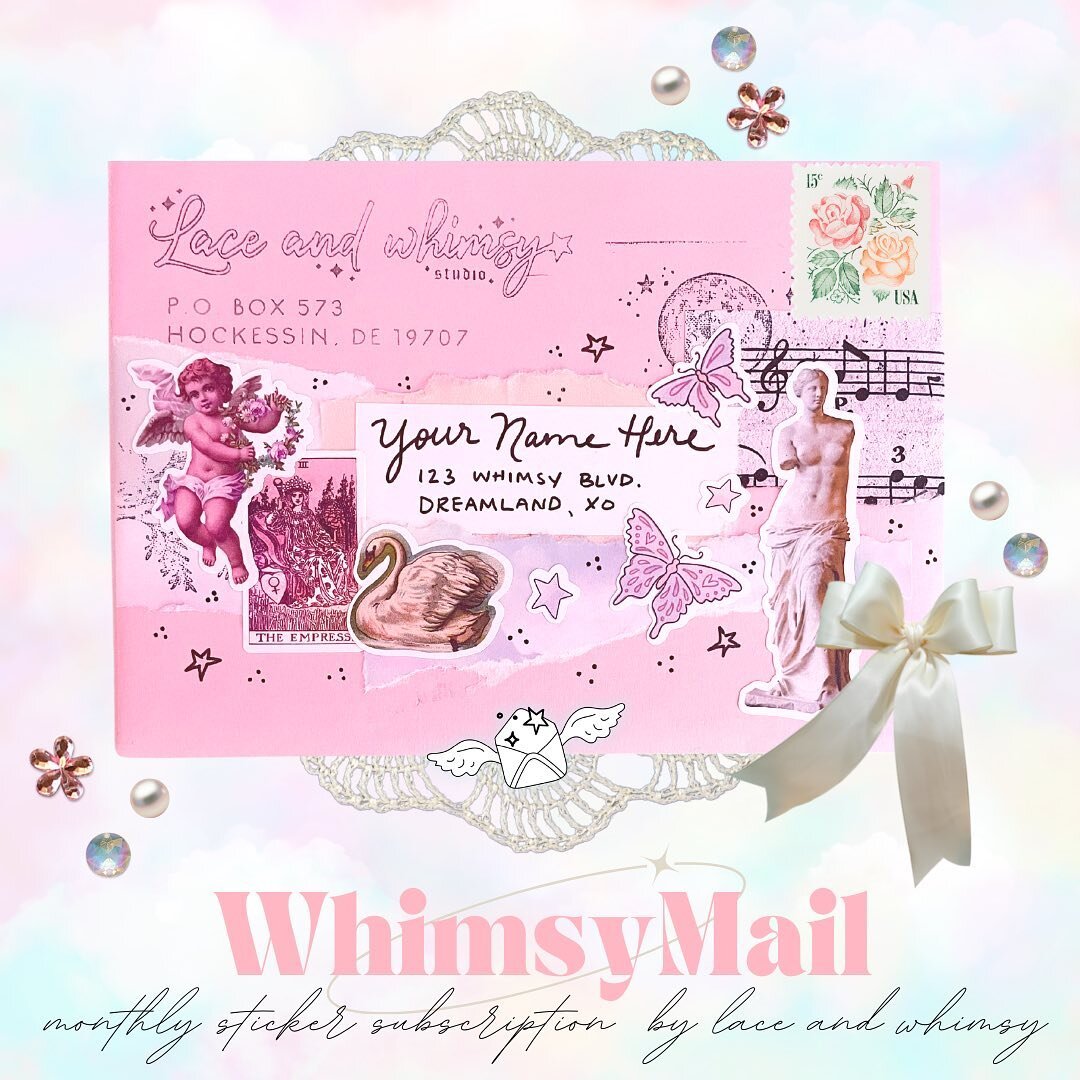 WhimsyMail sign ups are open through January 10th, babes! 💌 

With a WhimsyMail sticker subscription, each month you&rsquo;ll receive a sticker pack with five sticker sheets and a die cut sticker, artfully packaged with whimsical touches to brighten