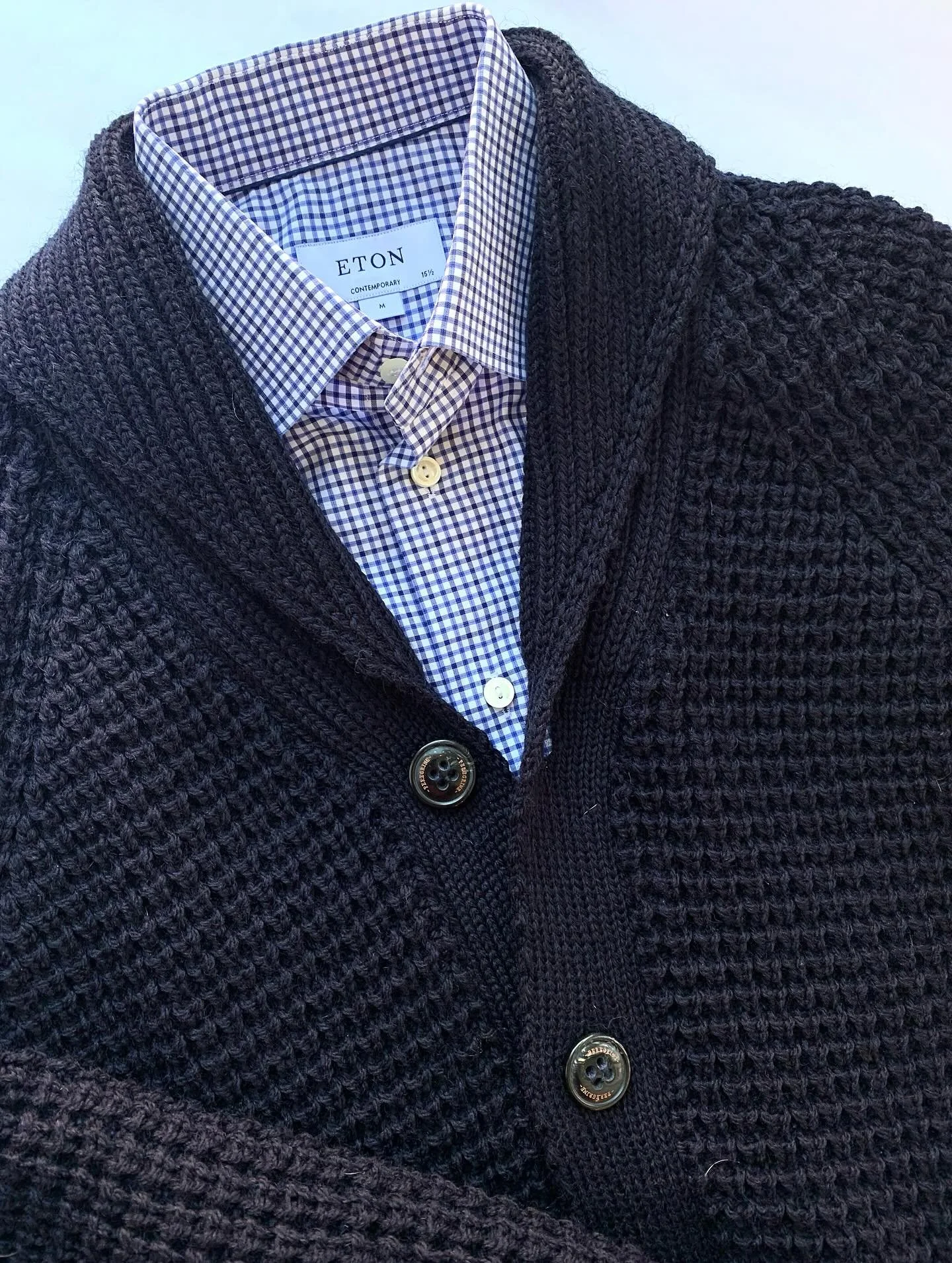 Peregrine navy wool cardigan, size M; Eton shirt, size m.
@peregrineuk, @etonshirts