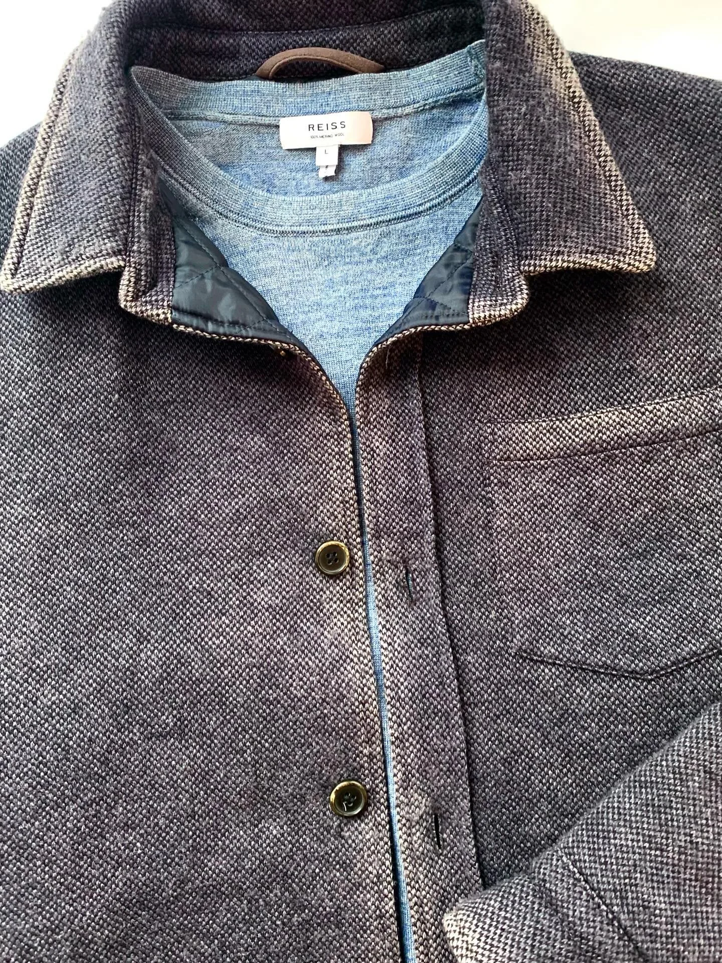 Gimo&rsquo;s distressed angora blend jacket, size S; light blue lightweight merino sweater from Reiss, size L.
@gimos_official, @reiss