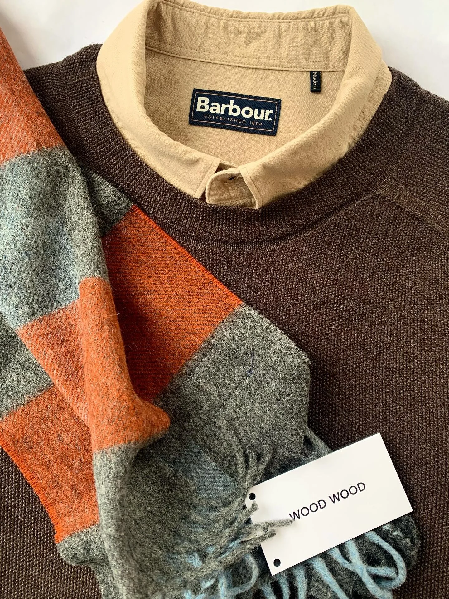 Phil Petter brown wide-weave merino sweater, size S; Barbour tan brushed cotton button up, size S; Wood Wood lambswool scarf, made in England, new with tags.
@philpetterknitwear, @barbour, @w00dw00d