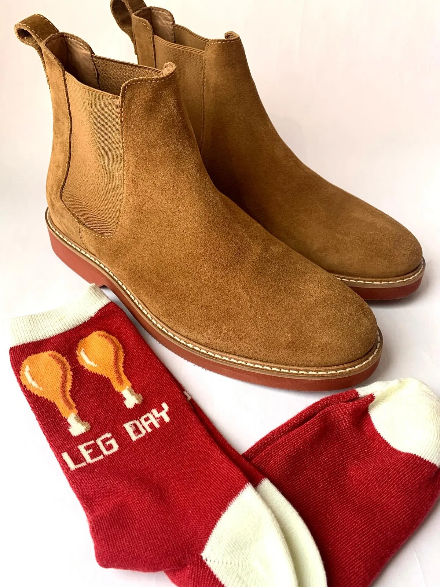 G.H. Bass tan suede Chelsea boots, size 8.5; Thanksgiving novelty socks.
@ghbass