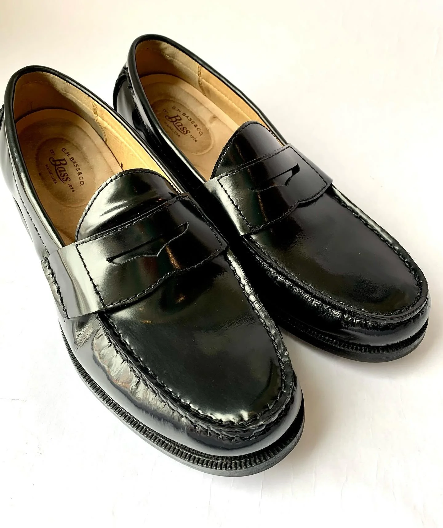 G.H. Bass black patent leather loafers, size 10.
@ghbass