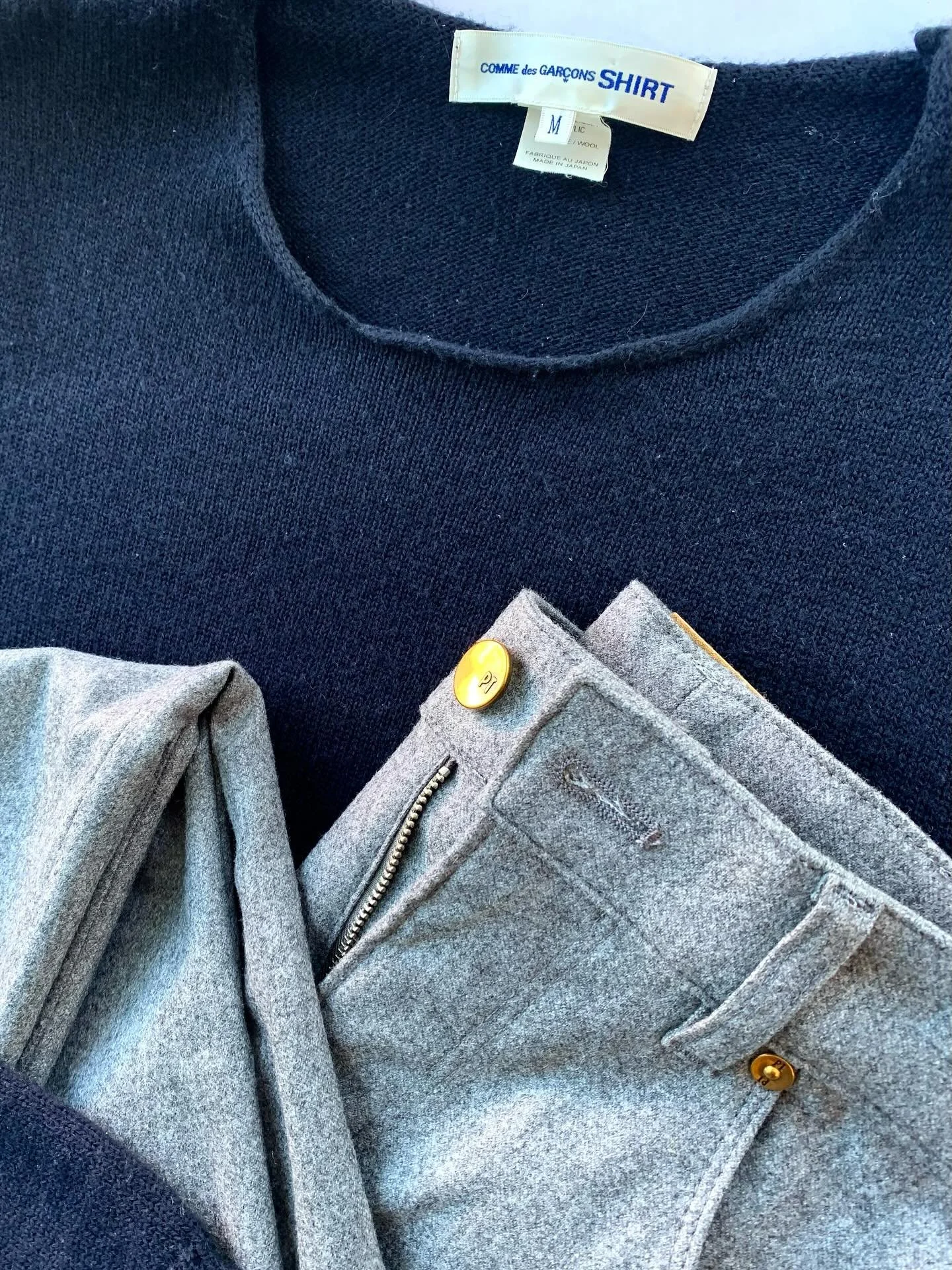 Comme des Gar&ccedil;ons SHIRT navy sweater, size M; PT Torino gray wool 5 pocket pants, size 30W.
@commedesgarcons, @pt_torino