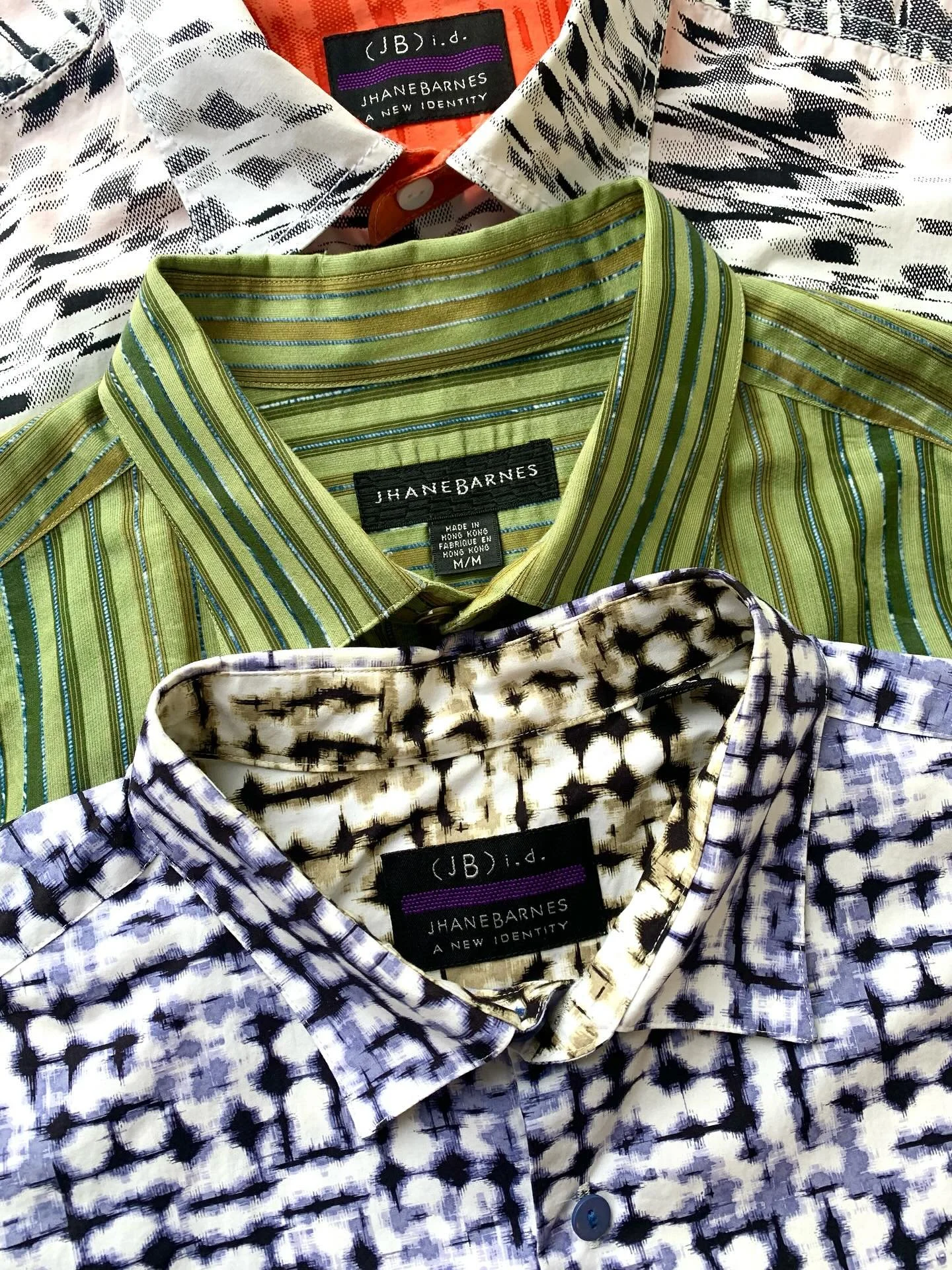 Jhane Barnes beautifully bold patterned long sleeve shirts. From top to bottom: size L, size M, size L.
@jhanebarnes
