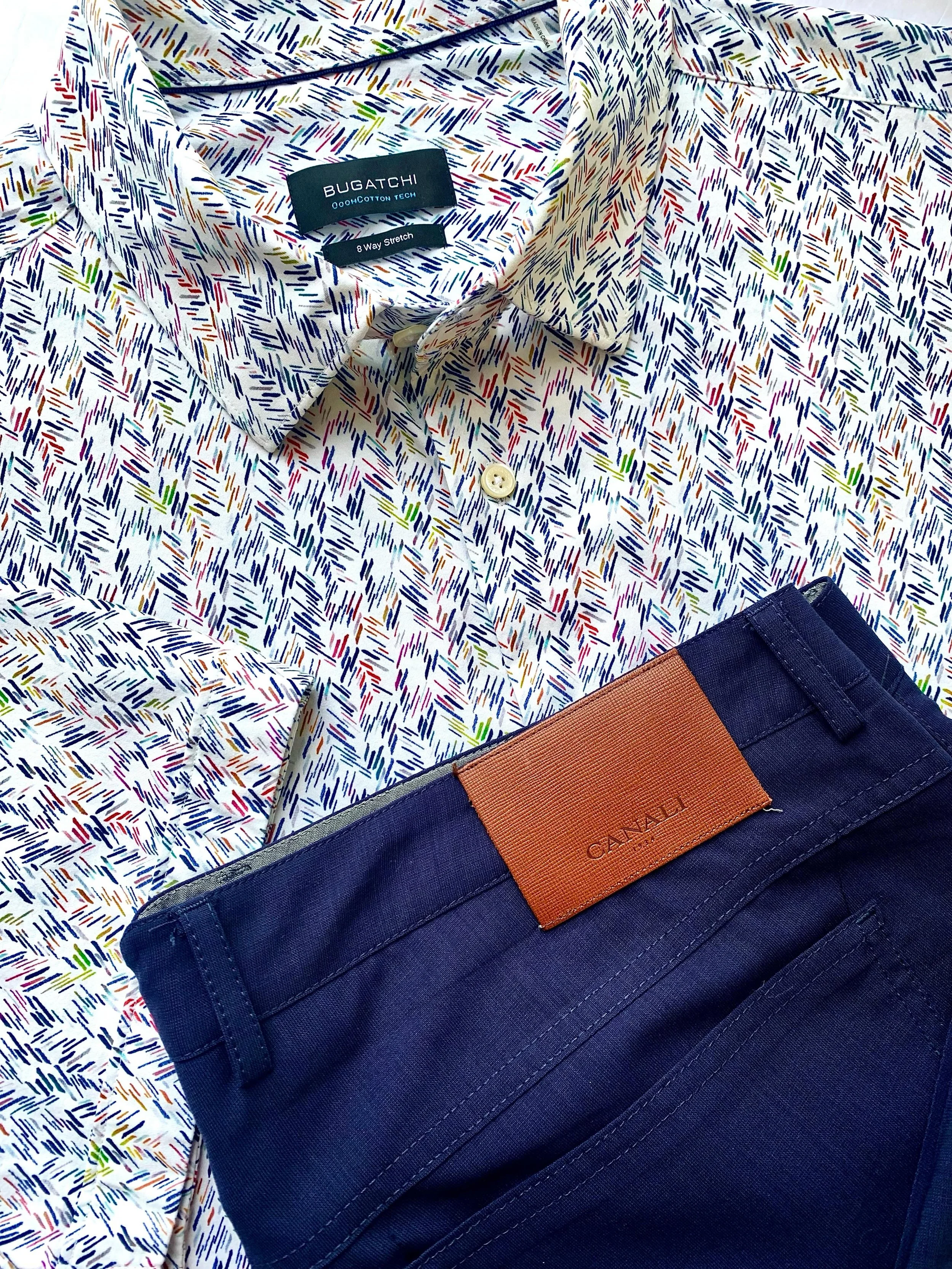 Bugatchi short sleeve button up, size XXL; Canali 5 button lightweight pants, size 40W.
@bugatchi, @canali