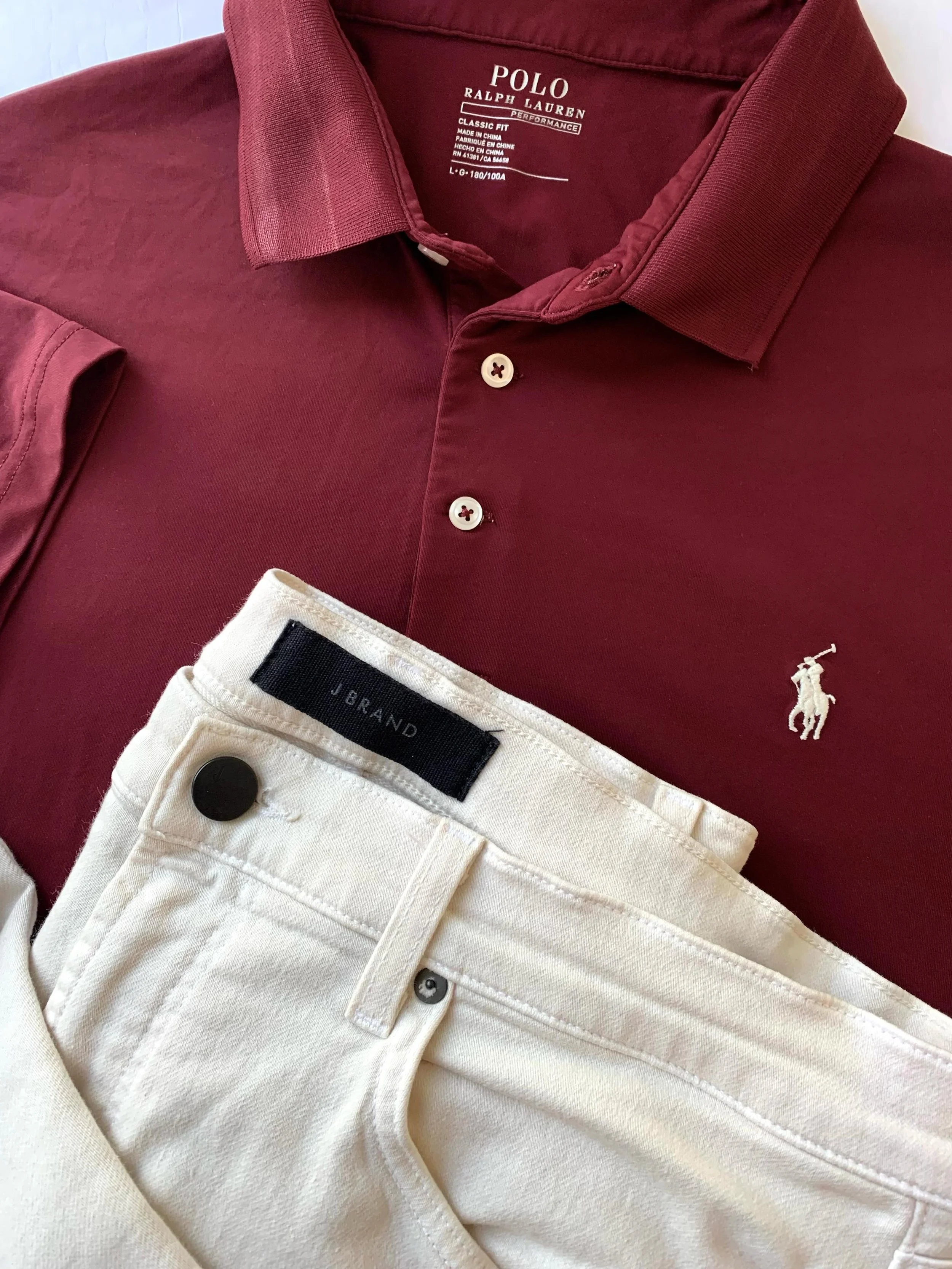 Ralph Lauren burgundy polo style golf shirt, size L; J Brand off white jeans, size 36W/33L.
@poloralphlauren, @jbrandjeans