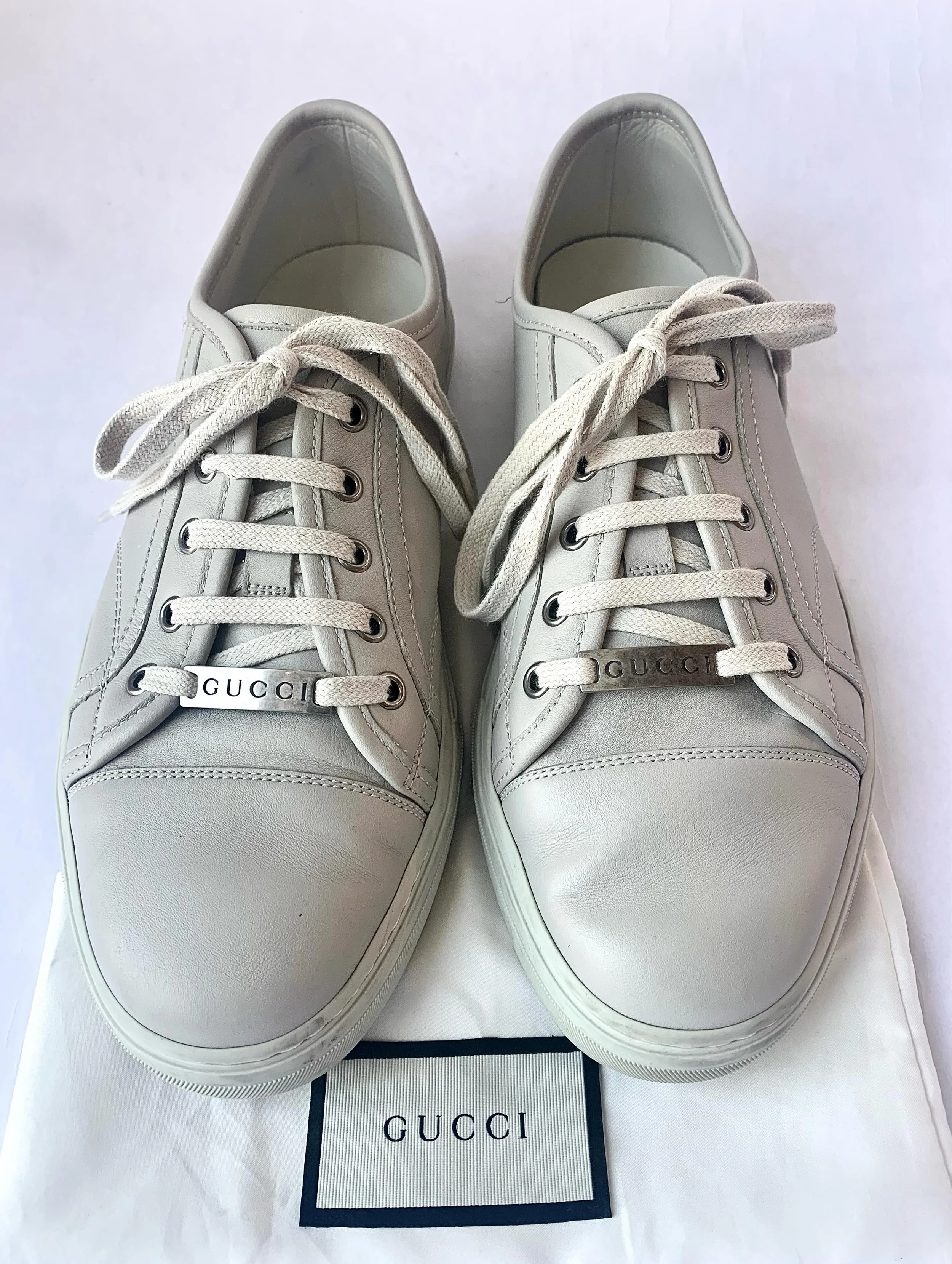 Gucci taupe/dove gray sneaker, size marked 8.5/but they fit more like a 9.5-10.