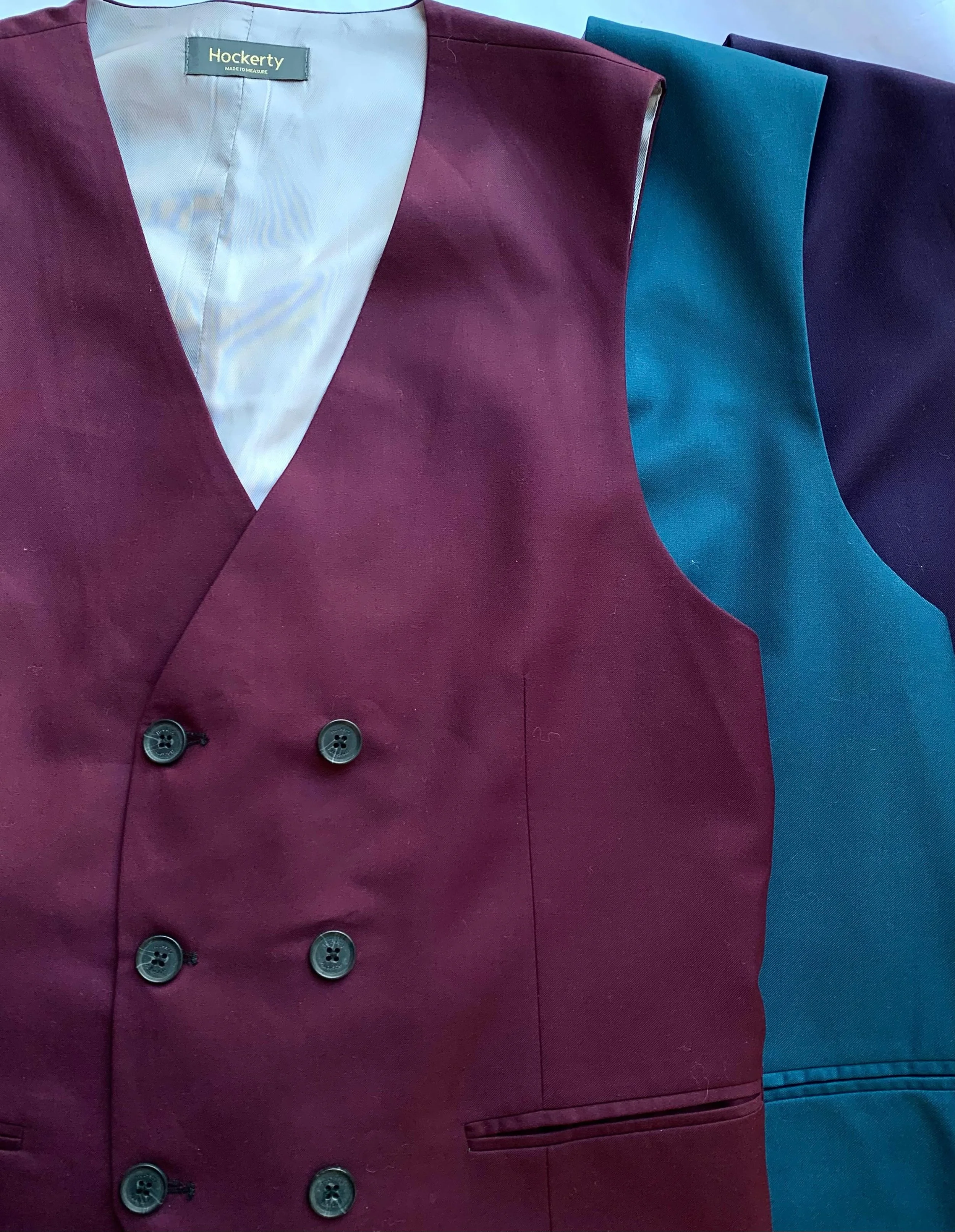Hockerty double breasted vests(formerly worn to Royal Ascot) in purple, teal, and burgundy. Made to measure, fit like a 42ish.
@hockerty_official