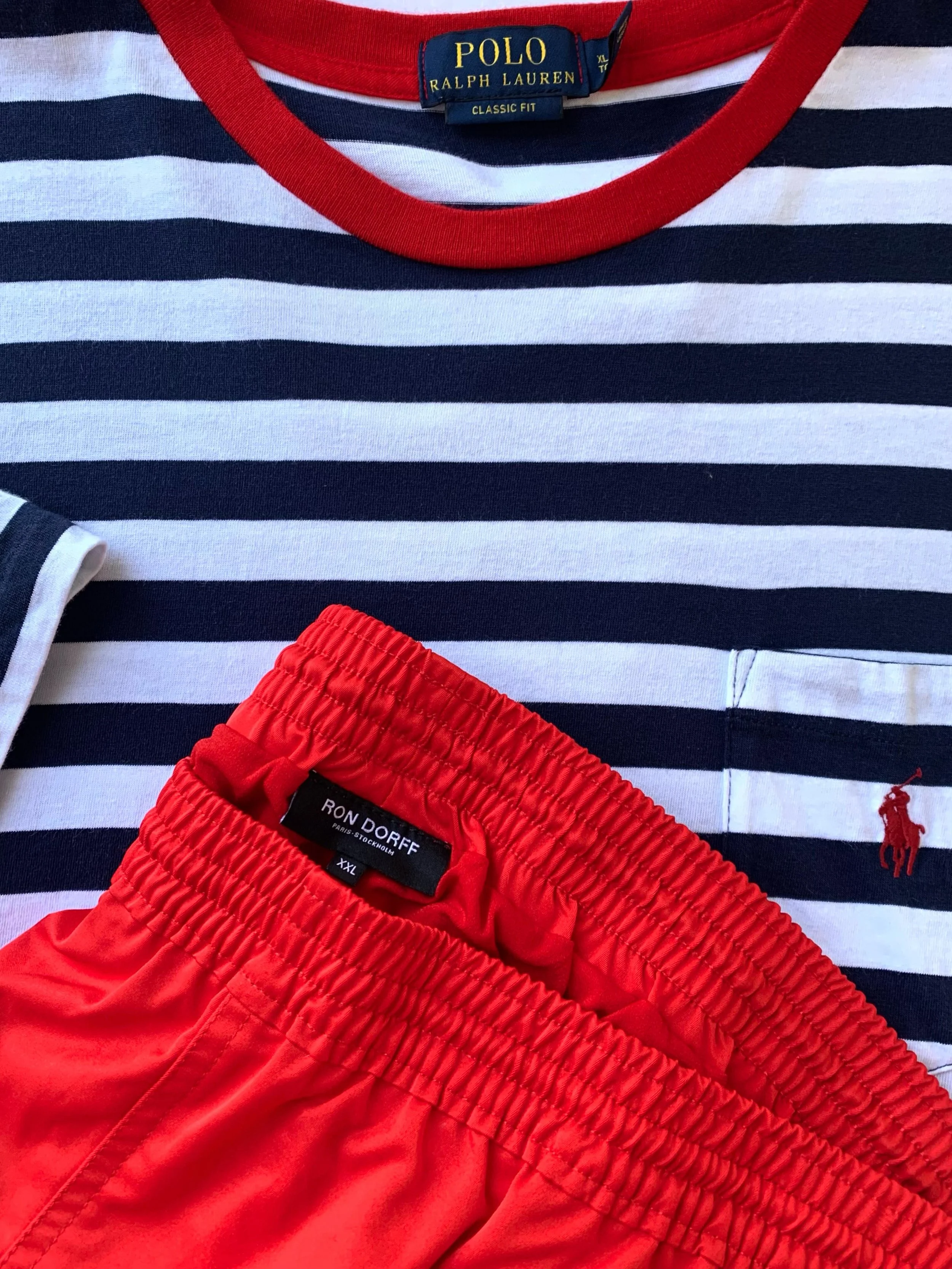 Ralph Lauren t-shirt, size XL; Ron Dorff swim trunks, size XXL.
@poloralphlauren, @rondorff