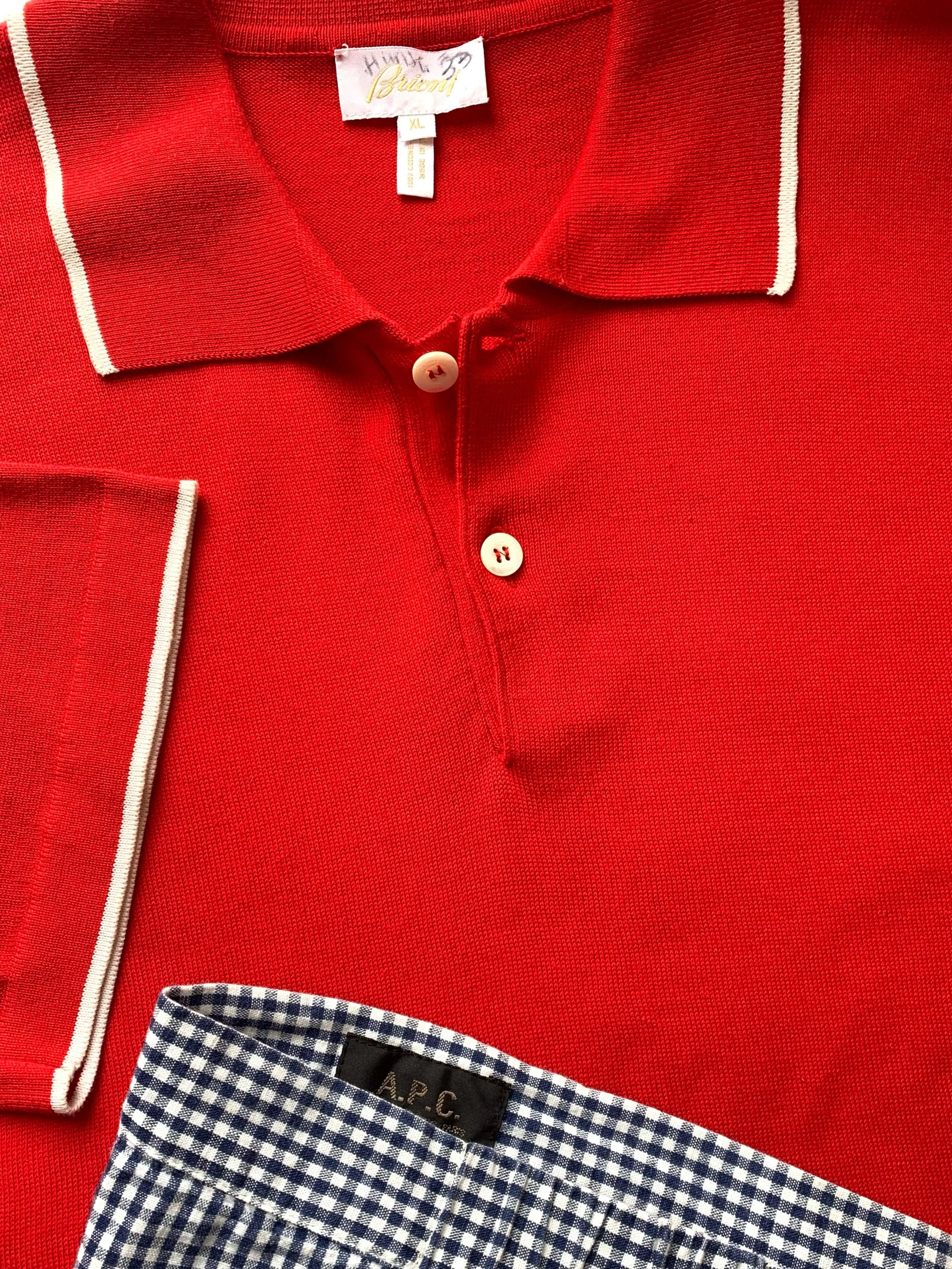 Brioni red polo style short sleeve shirt, size XL; A.P.C. blue gingham shorts, size M.
@brioni_official , @apc_paris