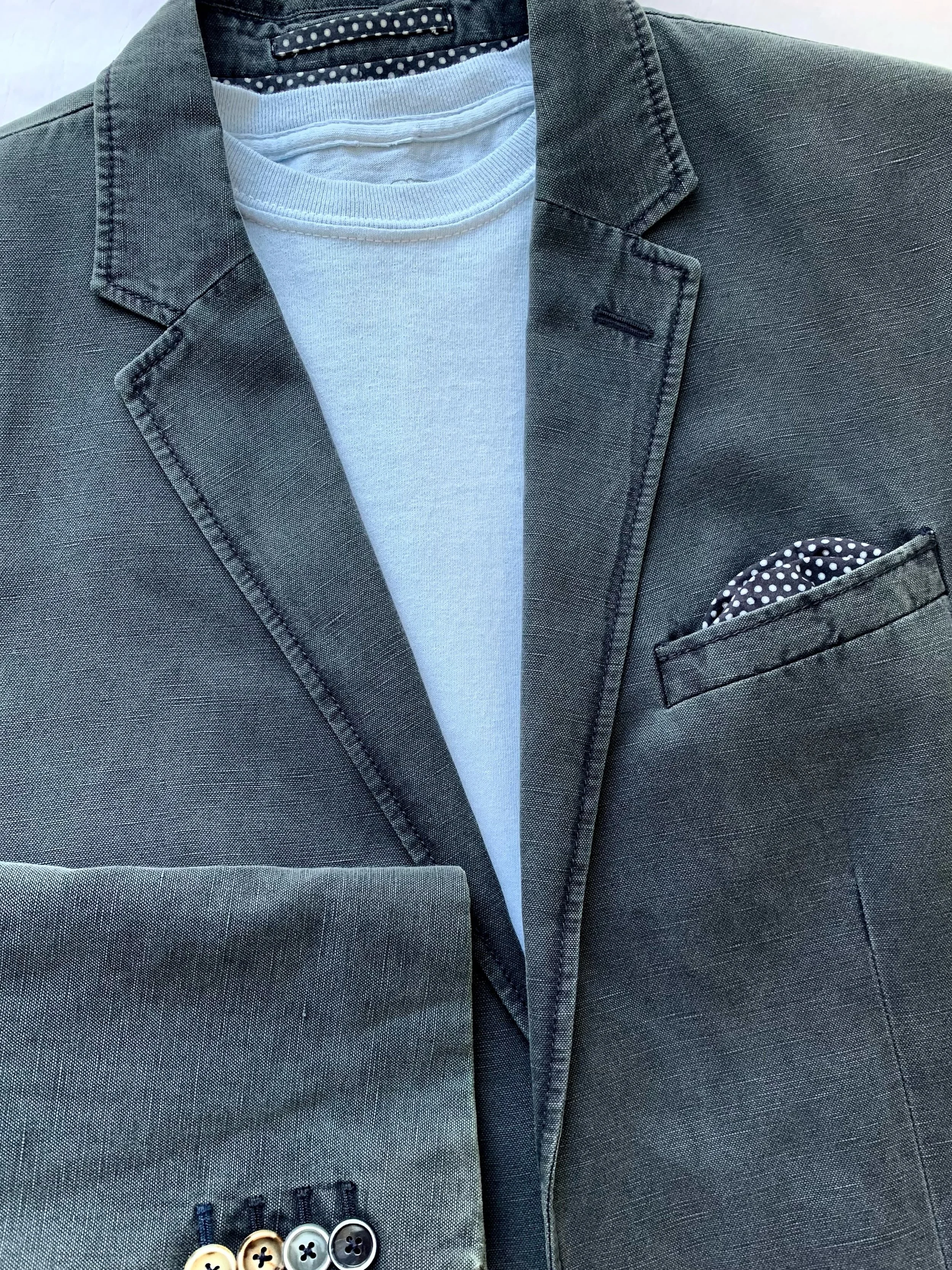 Sand of Copenhagen casual gray sport coat, size 40R; light blue t-shirt from Free &amp; Easy, size S.
@sand, @freeandeasy