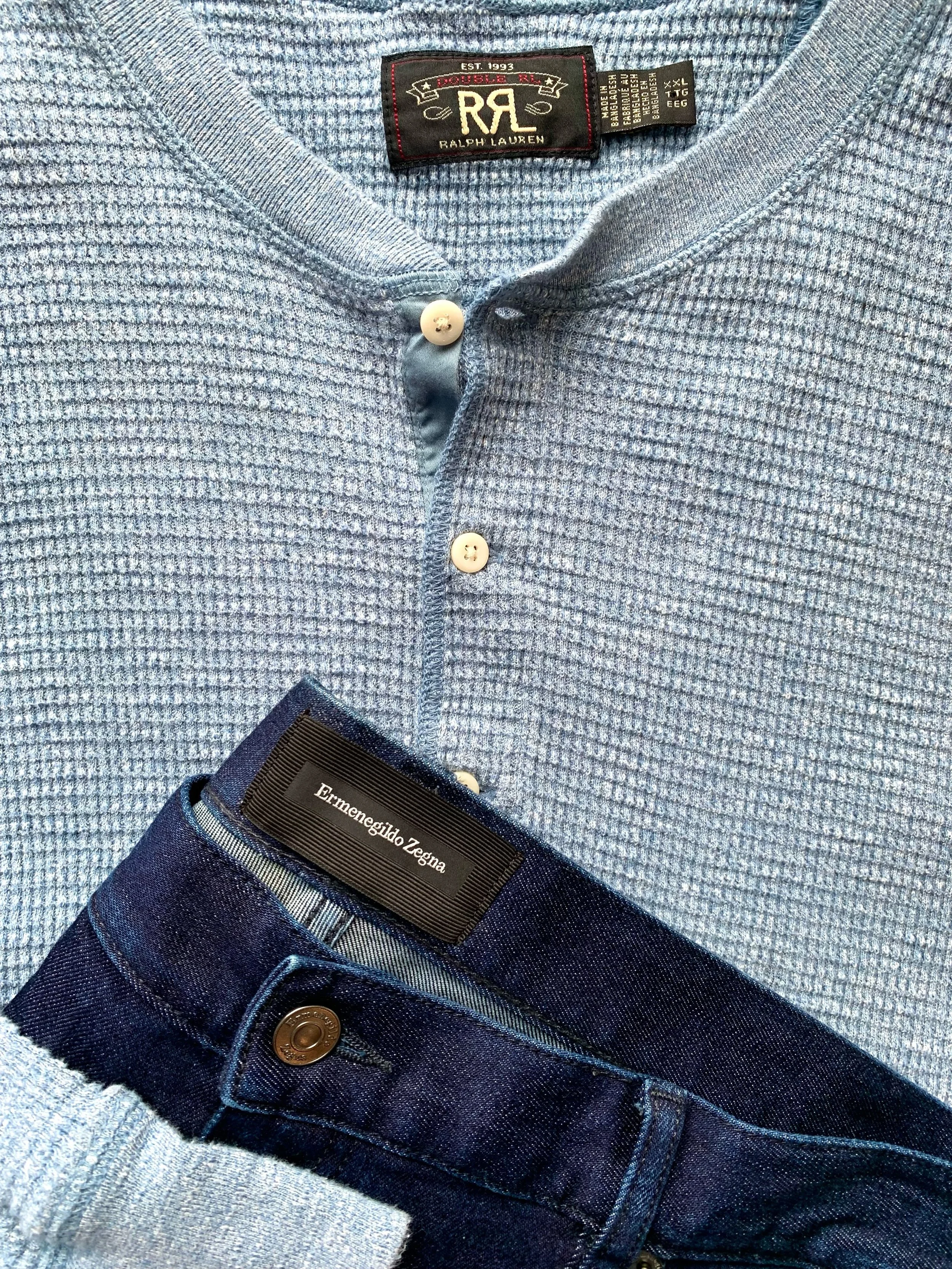 Ralph Lauren Double RL waffle henley long sleeve shirt, size XXL; Zegna jeans, size 38.
@ralphlauren, @zegna