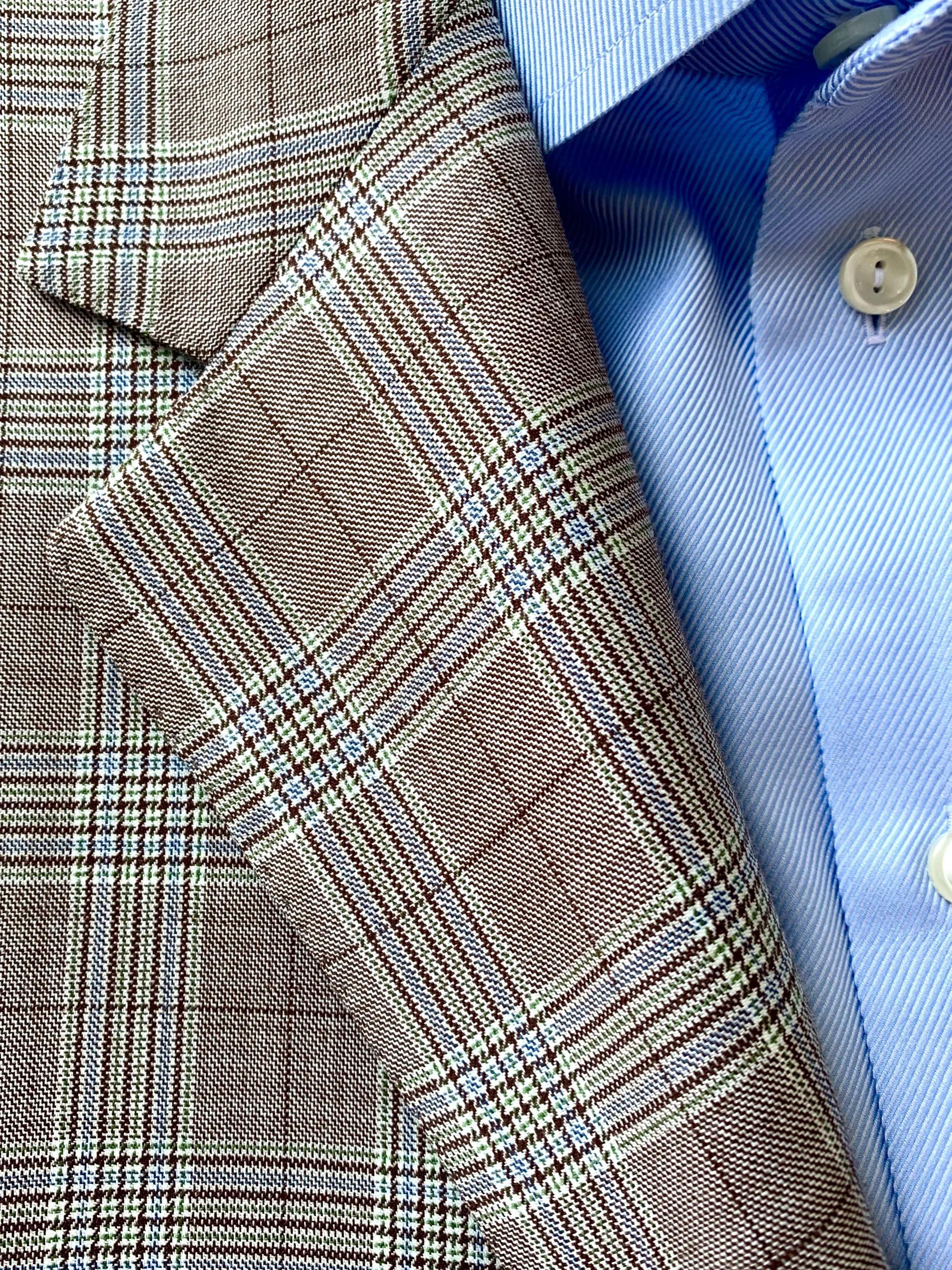 Canali brown and blue Prince of Wales plaid sport coat, size 44L; blue dress shirt from Eton, size 15.5.
@canali, @etonshirts