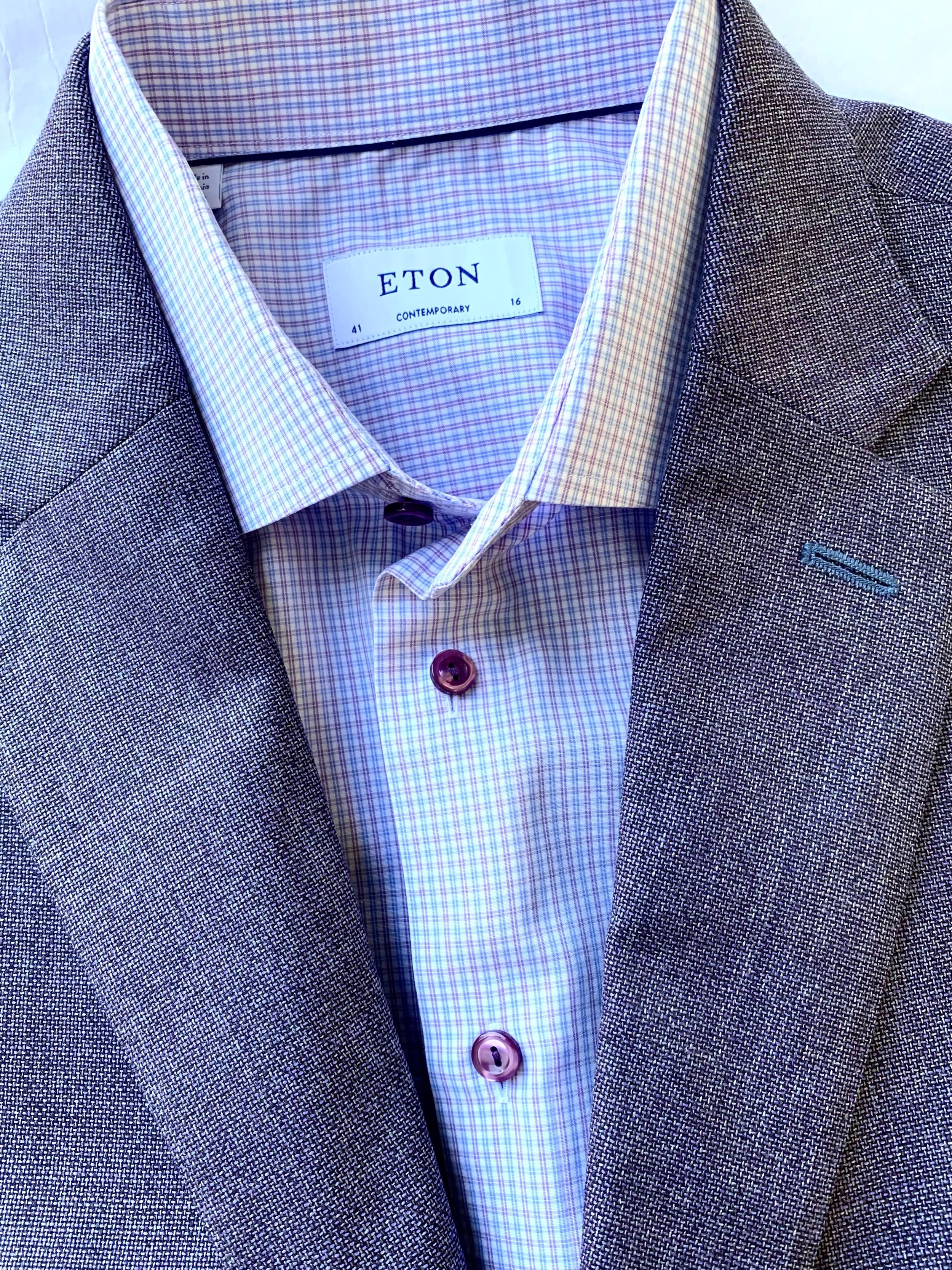 Peter Millar violet sport coat, size 44R; Eton plaid dress shirt, size 16 Contemporary.
@petermillar, @etonshirts