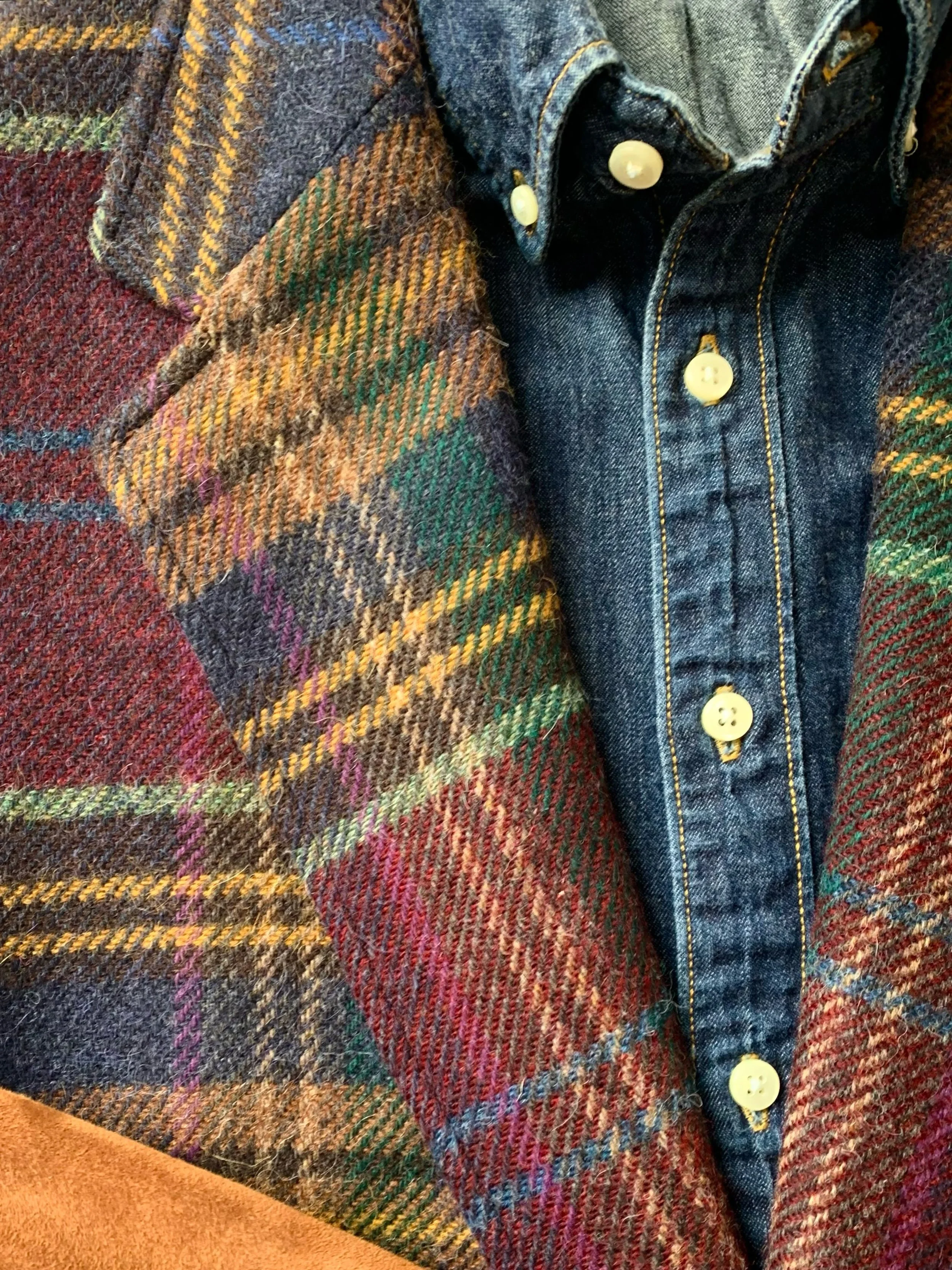 Ralph Lauren plaid wool sport coat, with suede elbow patches, size 48L; J. Crew denim shirt, size LT.
@poloralphlauren, @jcrew
