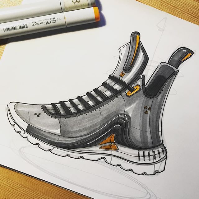 ✖️Applied some color to the previous sneaker sketch 🎨 Analog sketching definitely tests your sketching skills. As much as I love digital, there is no undo with ink to paper🔺 #sketching #idsketching #sketch #render #industrialdesign #productdesign #