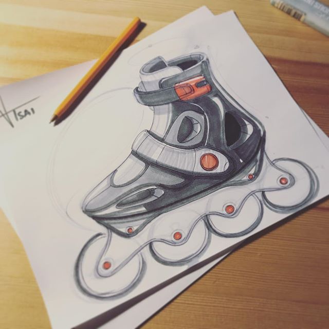 ✖️roller skates sketch✖️Timed myself. It took about 15min to sketch and then another 15min for markers. Not a fan of the wheels...looking flat haha might sketch again and think of a way to make them look cooler...😕 #sketching #idsketching #sketch #d