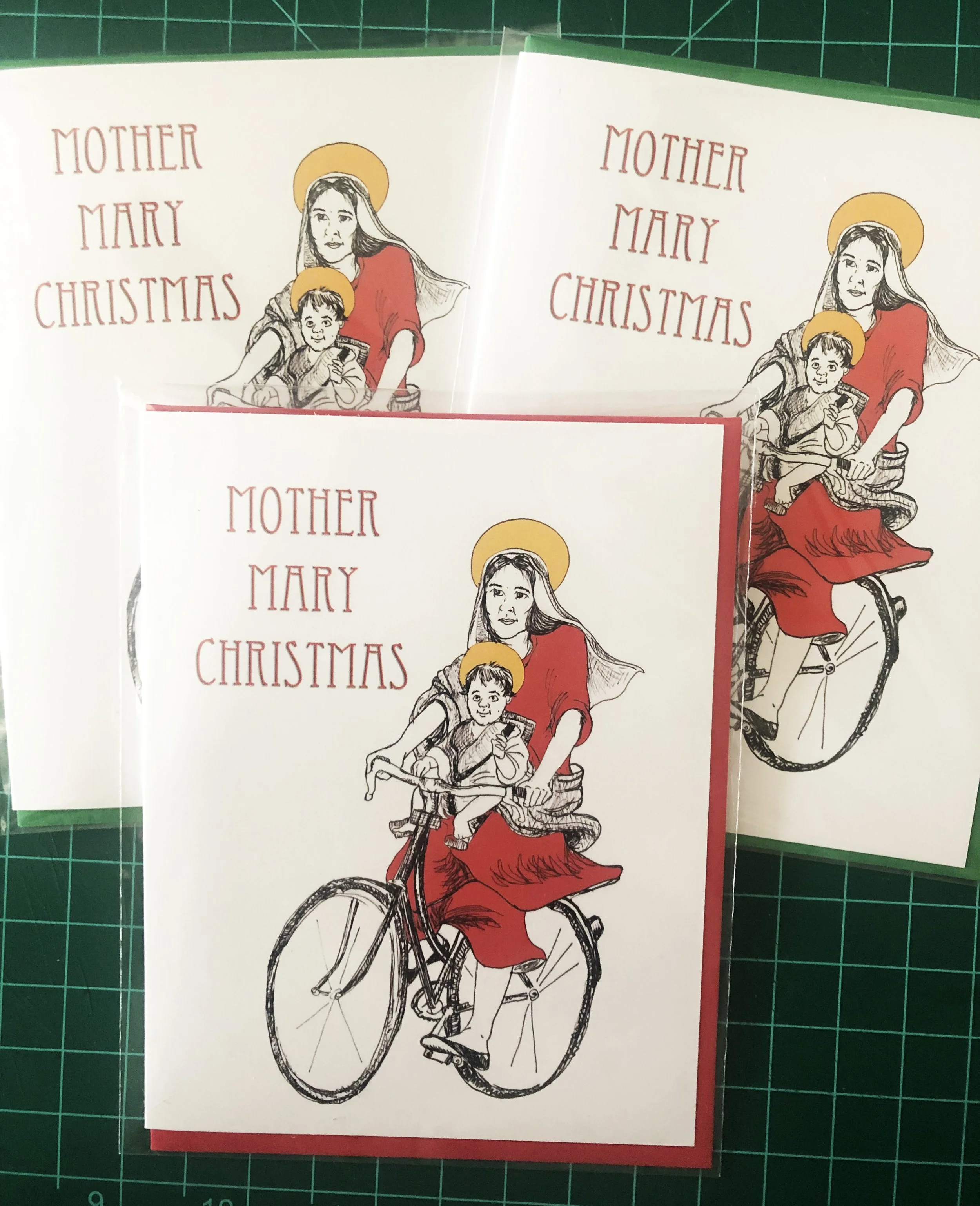 Mary Mother rides a Bicycle Greeting card (3 pack)
