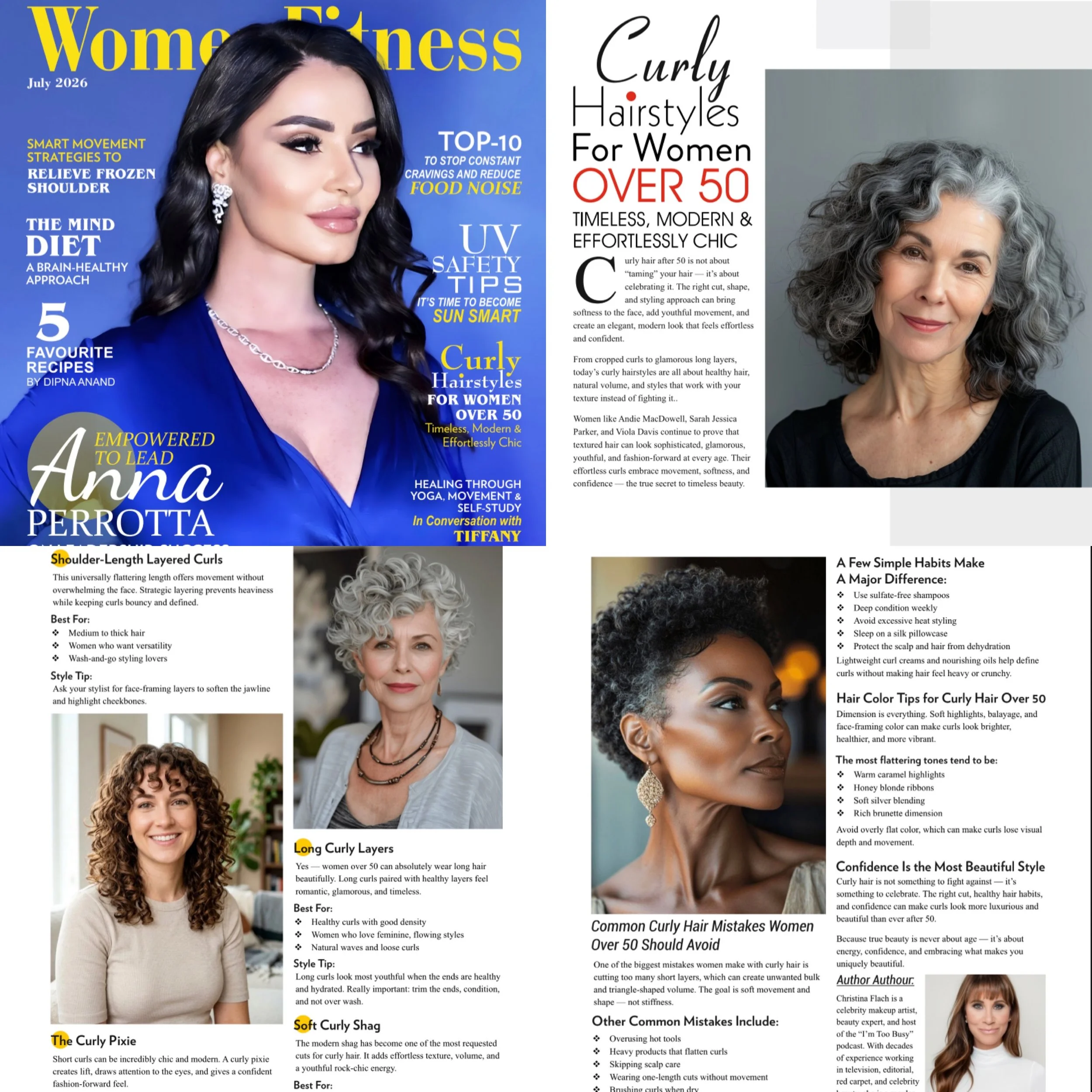 Curly hairstyles for women over 50 Women’s Fitness Magazine feature by Christina Flach celebrity makeup artist San Francisco Bay Area