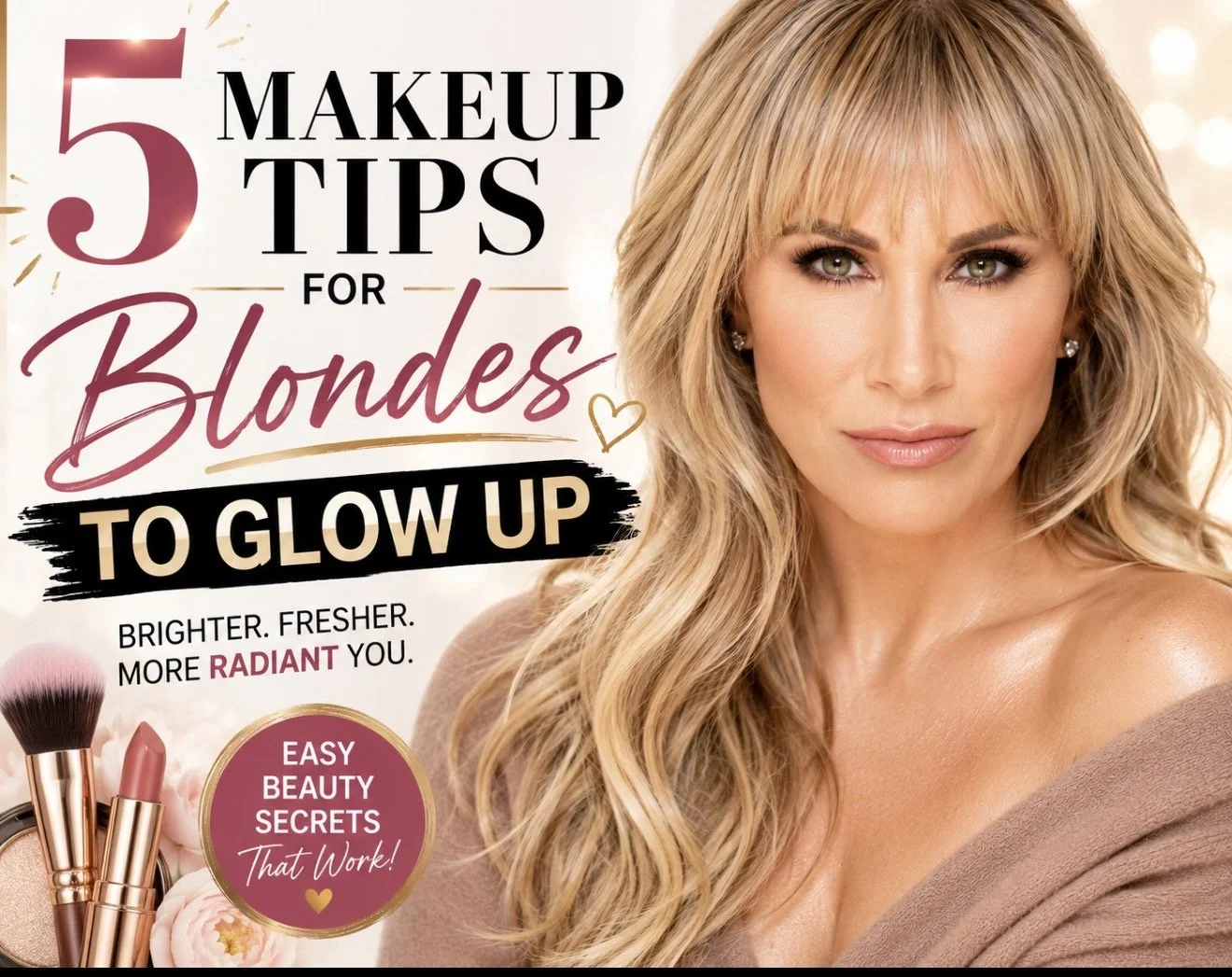 Five makeup tips for blondes to achieve a radiant glow featuring celebrity makeup artist Christina Flach for Women Fitness magazine.