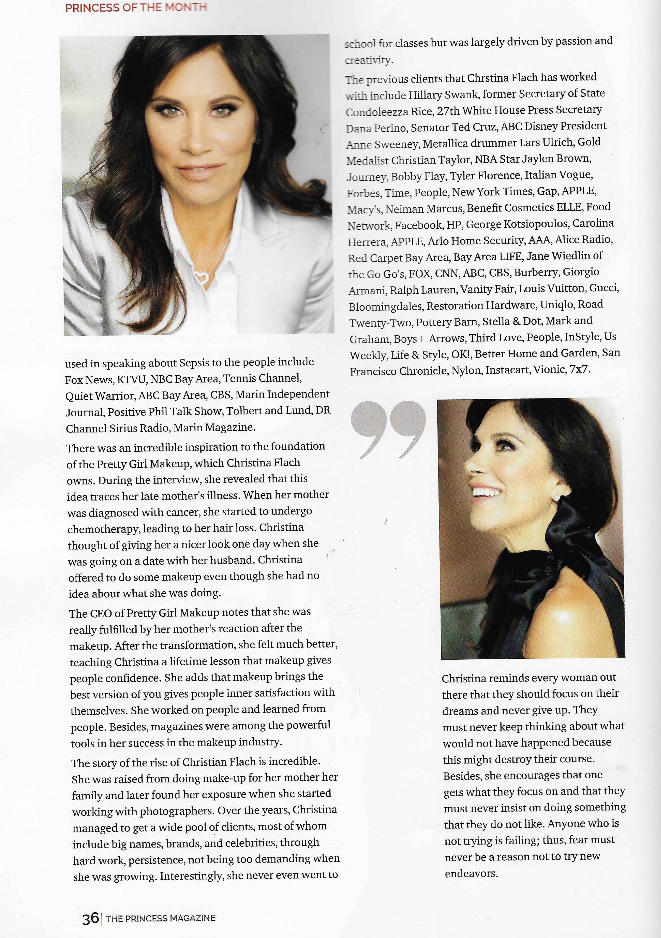 Christina Flach featured in The Princess Magazine article discussing Pretty Girl Makeup, celebrity clients, and beauty industry success