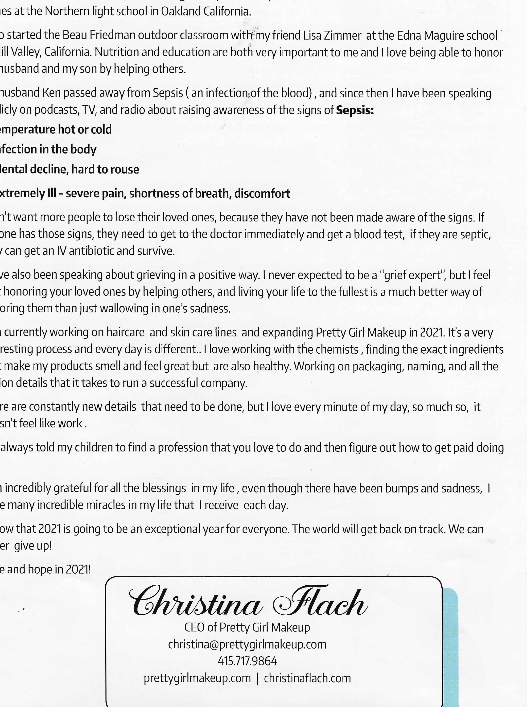 Christina Flach featured in article about disrupting the beauty industry and raising awareness on wellness and sepsis