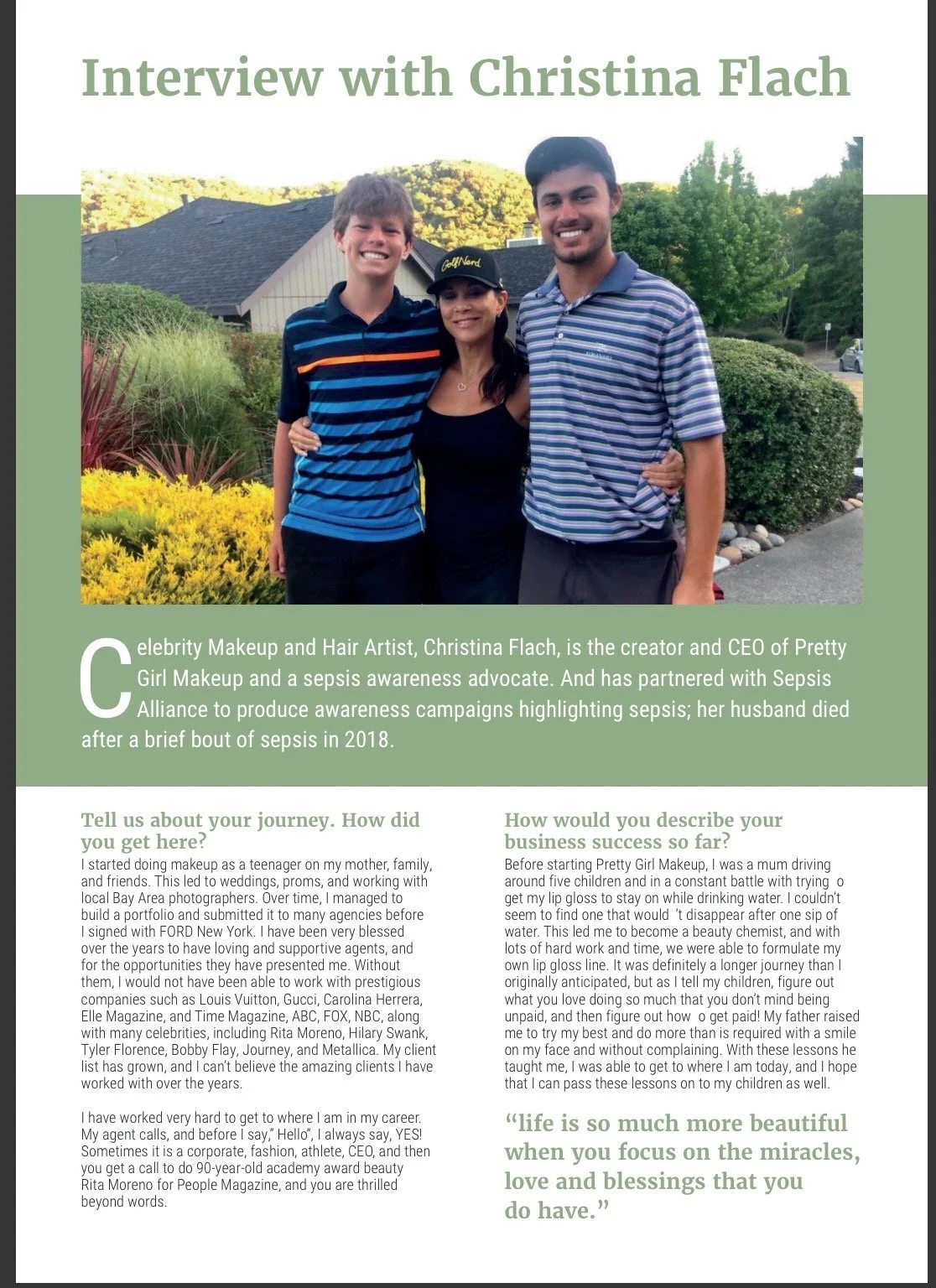 Christina Flach interview in Exeleon Magazine discussing beauty career, Pretty Girl Makeup, and sepsis awareness advocacy