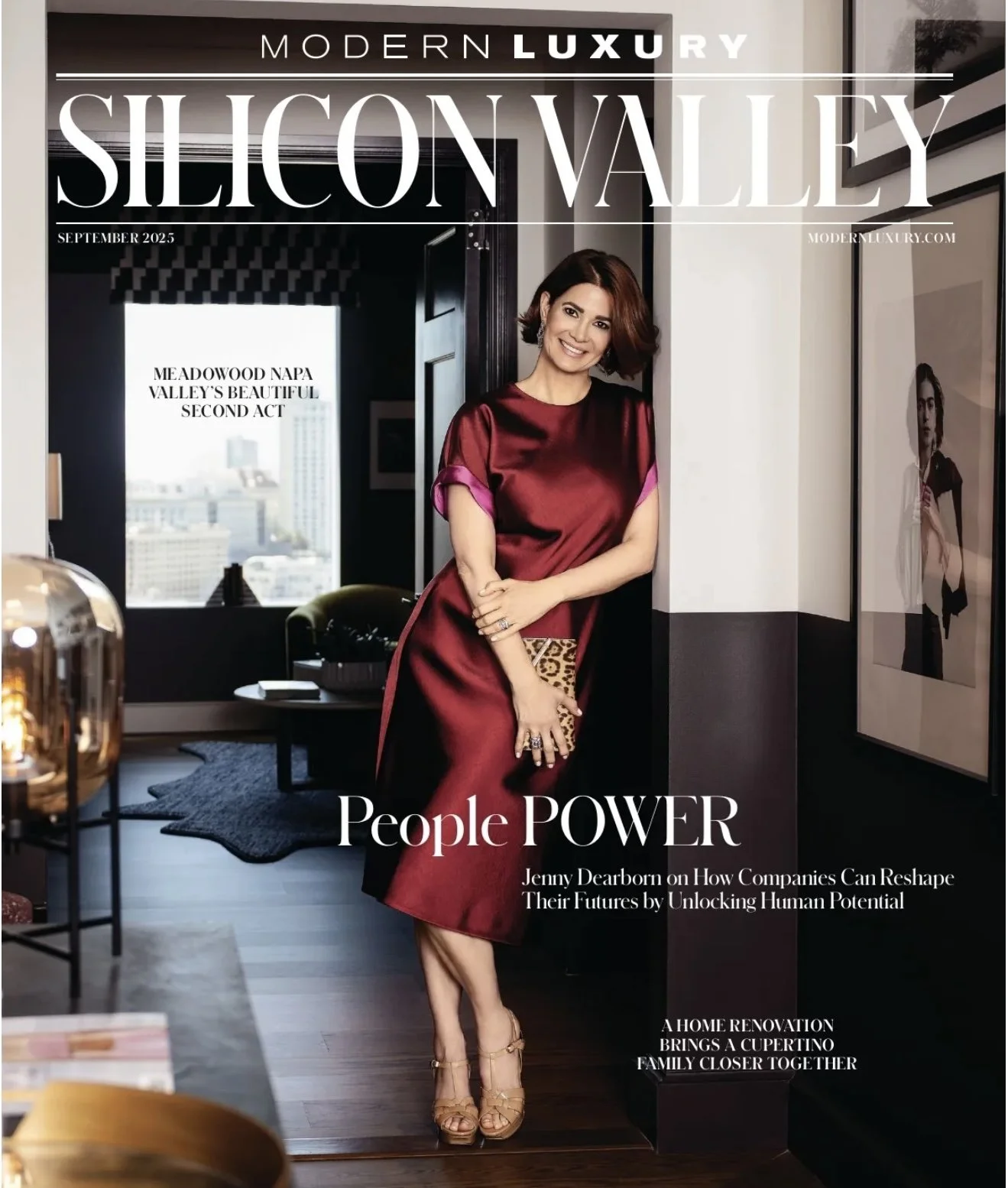 Celebrity Makeup Artist Christina Flach created the cover hair and makeup for Jenny Dearborn’s Modern Luxury Silicon Valley September 2025 ‘People Power’ issue. Photographed by Tracy Easton and styled by Theresa Palmer, this editorial celebrates Sil