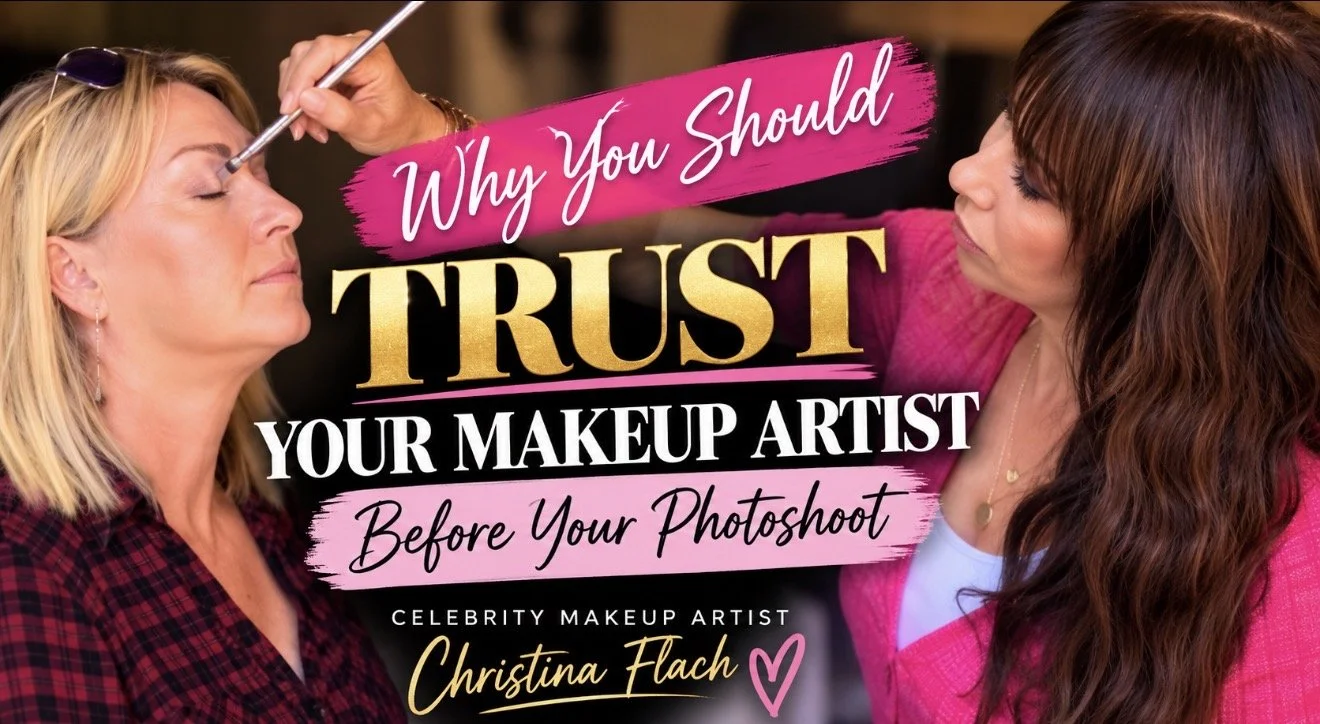 Celebrity makeup artist Christina Flach applying eyeshadow to a client before a photoshoot in the San Francisco Bay Area