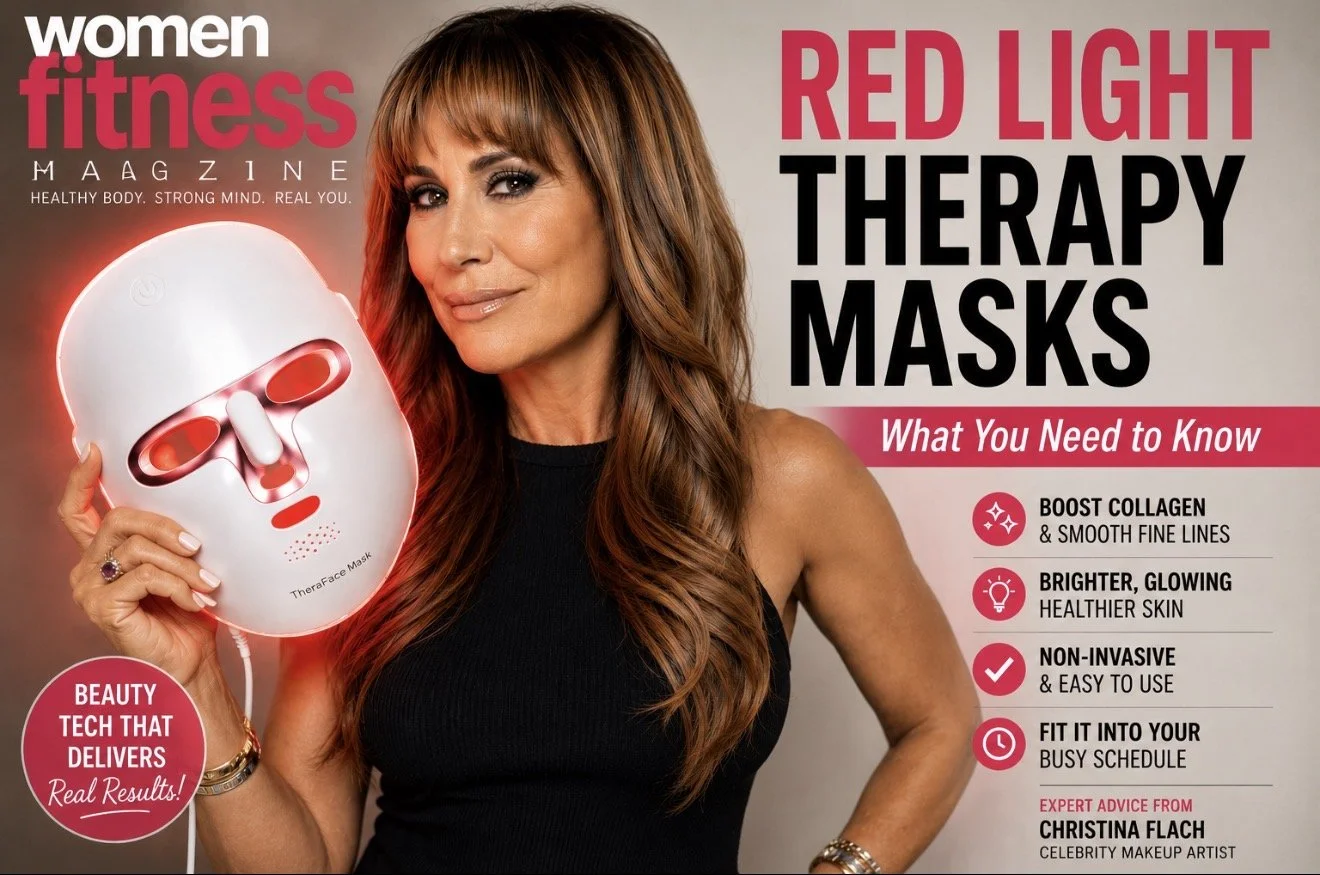 Christina Flach, San Francisco Bay Area celebrity makeup artist, holding a red light therapy face mask for the Women’s Fitness Magazine feature on skincare benefits