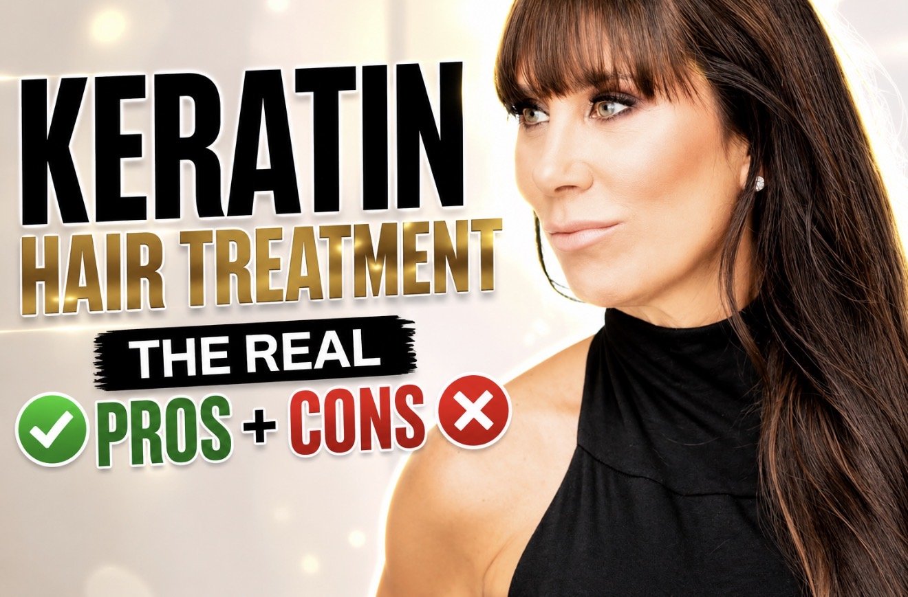 Profesional portrait of celebrity makeup artist Christina Flach with long glossy brunette hair  and soft bangs, wearing a black sleeveless top and natural glowing makeup, featured in a beauty article about keratin hair treatments and healthy hair.