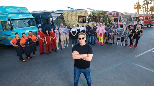 Food Network star Tyler Florence with The Great Food Truck Race cast and crew — celebrity grooming by Pretty Girl Makeup CEO Christina Flach