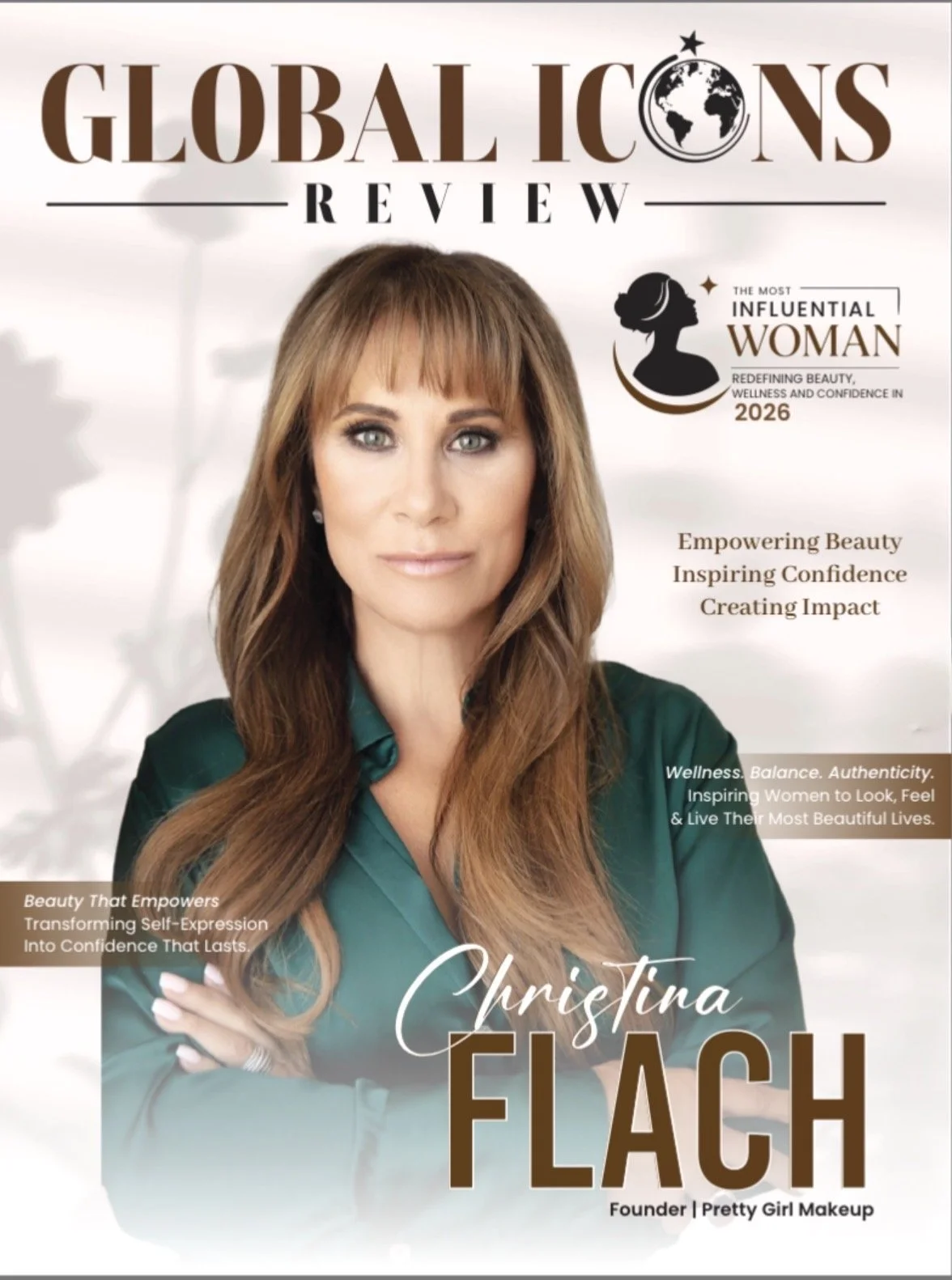 Christina Flach featured on the cover of Global Icons Review as The Most Influential Woman Redefining Beauty, Wellness and Confidence 2026, San Francisco Bay Area celebrity makeup artist