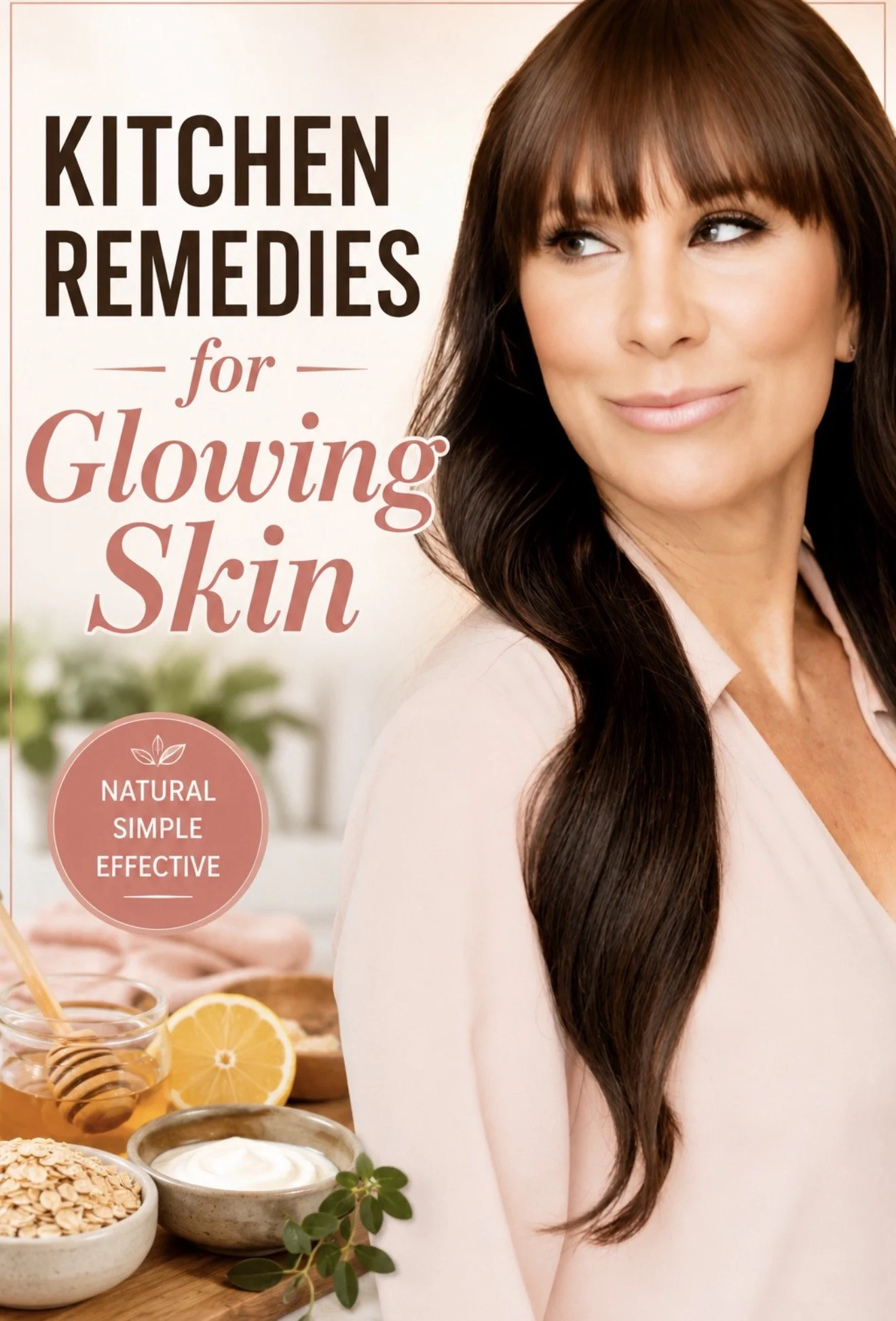 Kitchen remedies for glowing skin featuring Christina Flach with natural skincare ingredients including honey, lemon, oats, and yogurt.